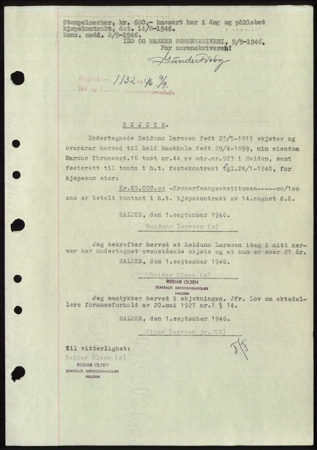 Idd og Marker sorenskriveri, AV/SAO-A-10283/G/Gb/Gbb/L0008: Mortgage book no. A8, 1946-1946, Diary no: : 1132/1946