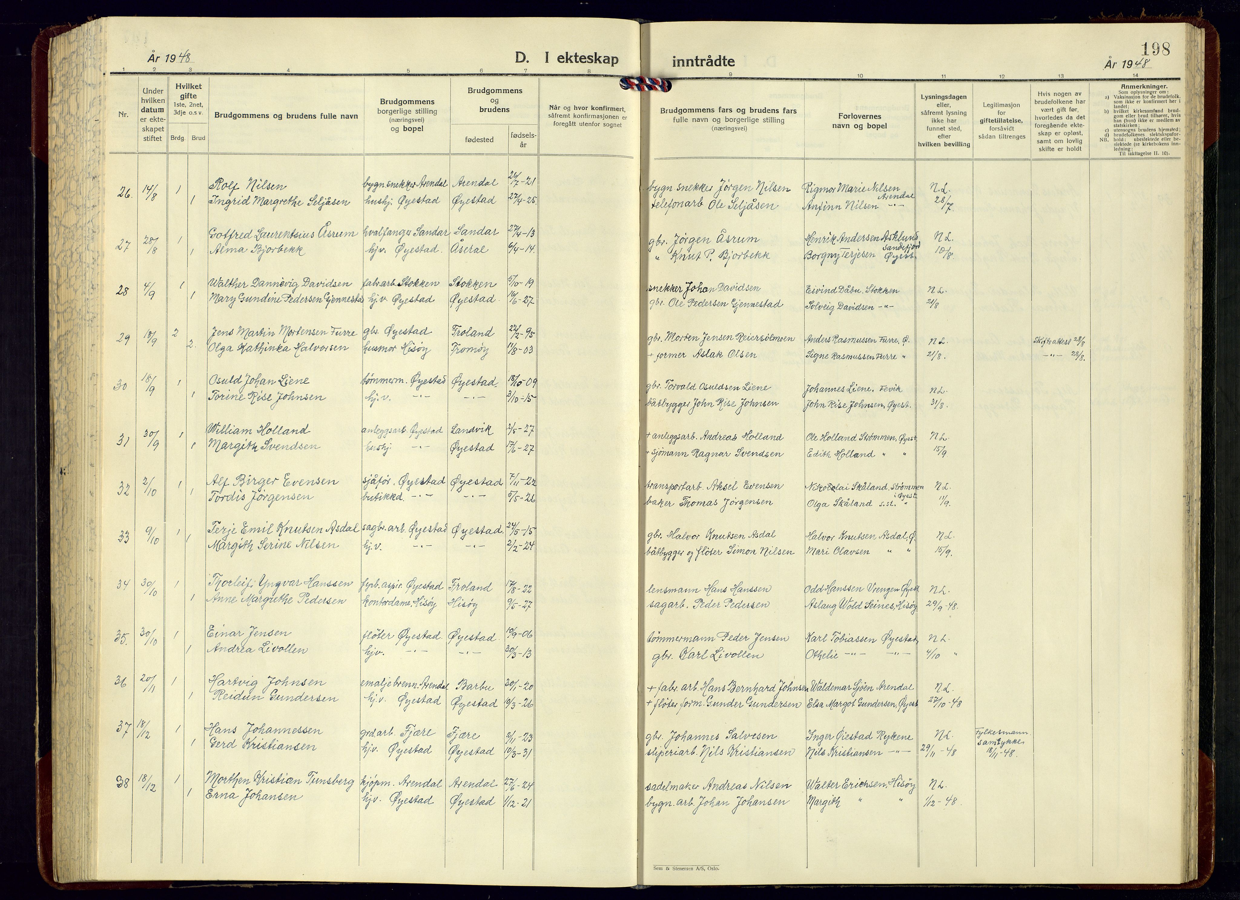 Øyestad sokneprestkontor, SAK/1111-0049/F/Fb/L0014: Parish register (copy) no. B-14, 1946-1966, p. 198