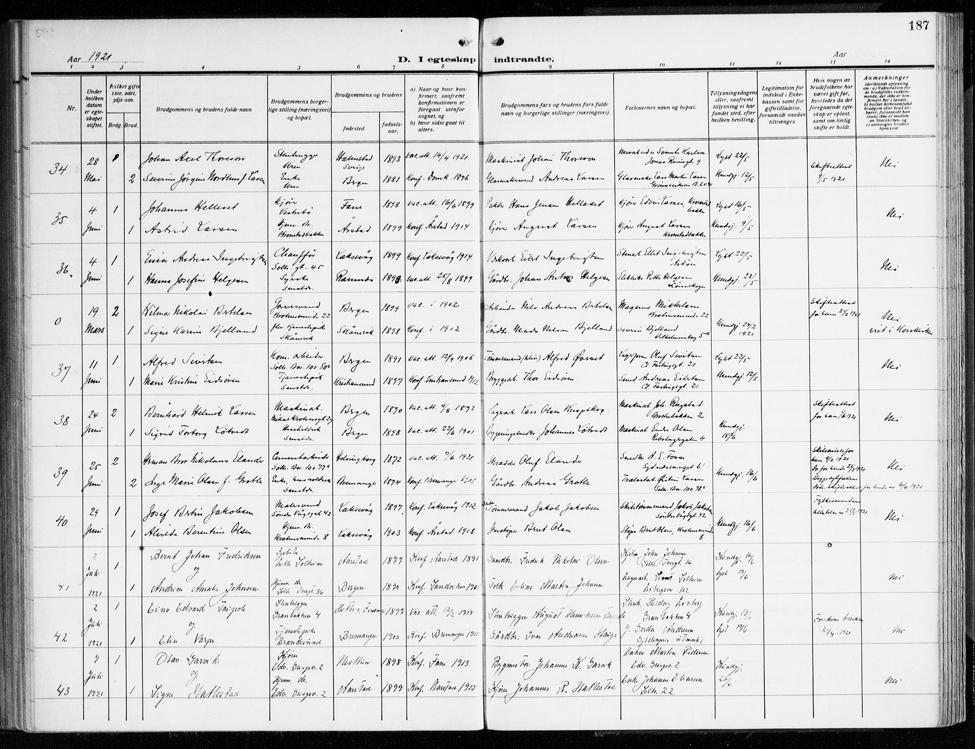 Årstad Sokneprestembete, AV/SAB-A-79301/H/Haa/L0004: Parish register (official) no. A 4, 1919-1928, p. 187