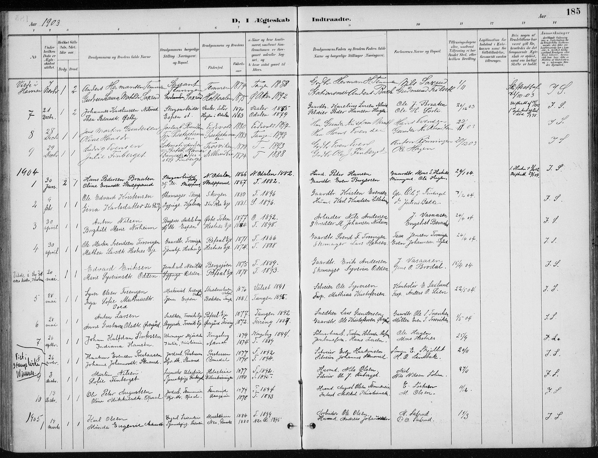 Stange prestekontor, SAH/PREST-002/K/L0023: Parish register (official) no. 23, 1897-1920, p. 185