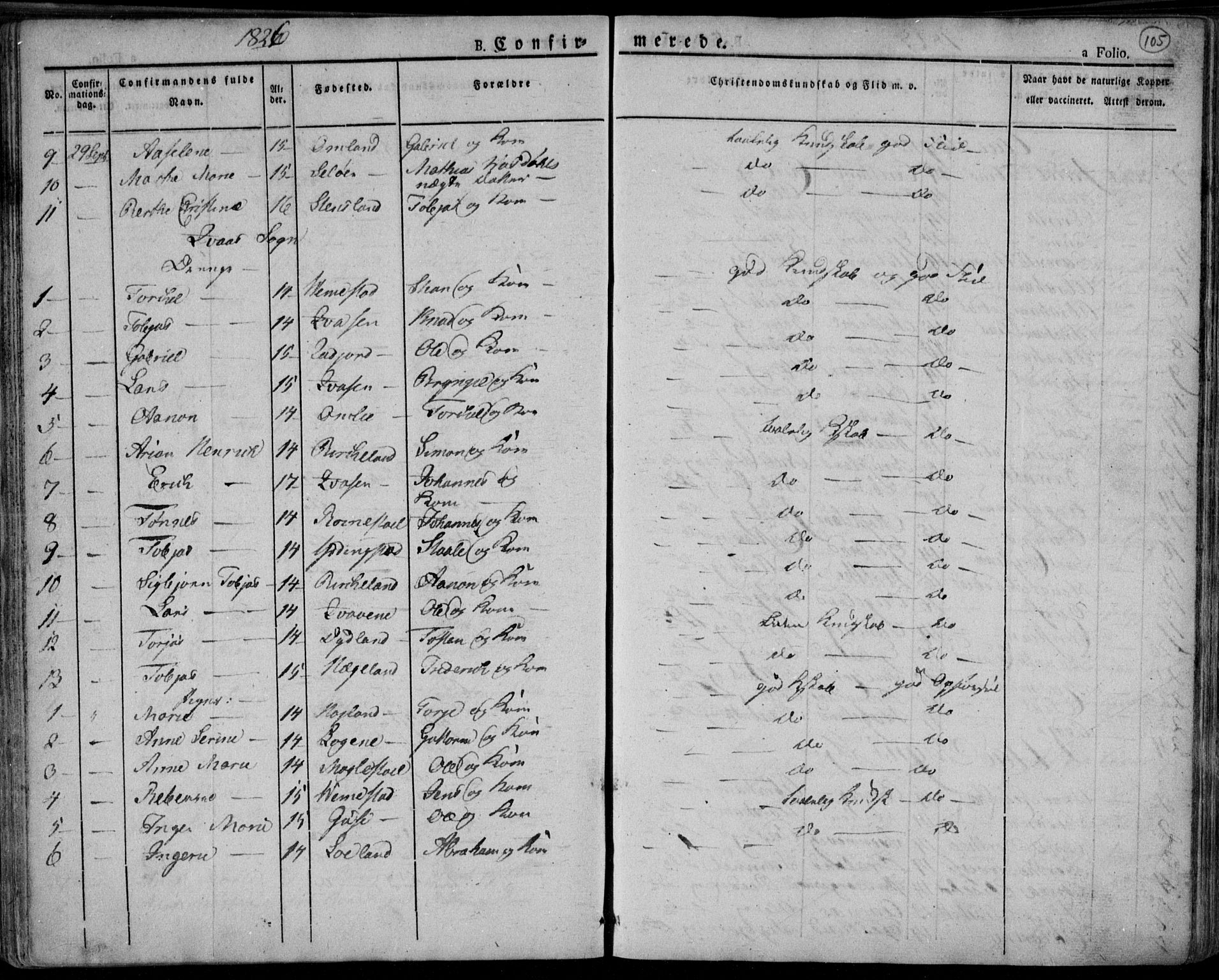 Lyngdal sokneprestkontor, AV/SAK-1111-0029/F/Fa/Fac/L0007: Parish register (official) no. A 7, 1825-1838, p. 105