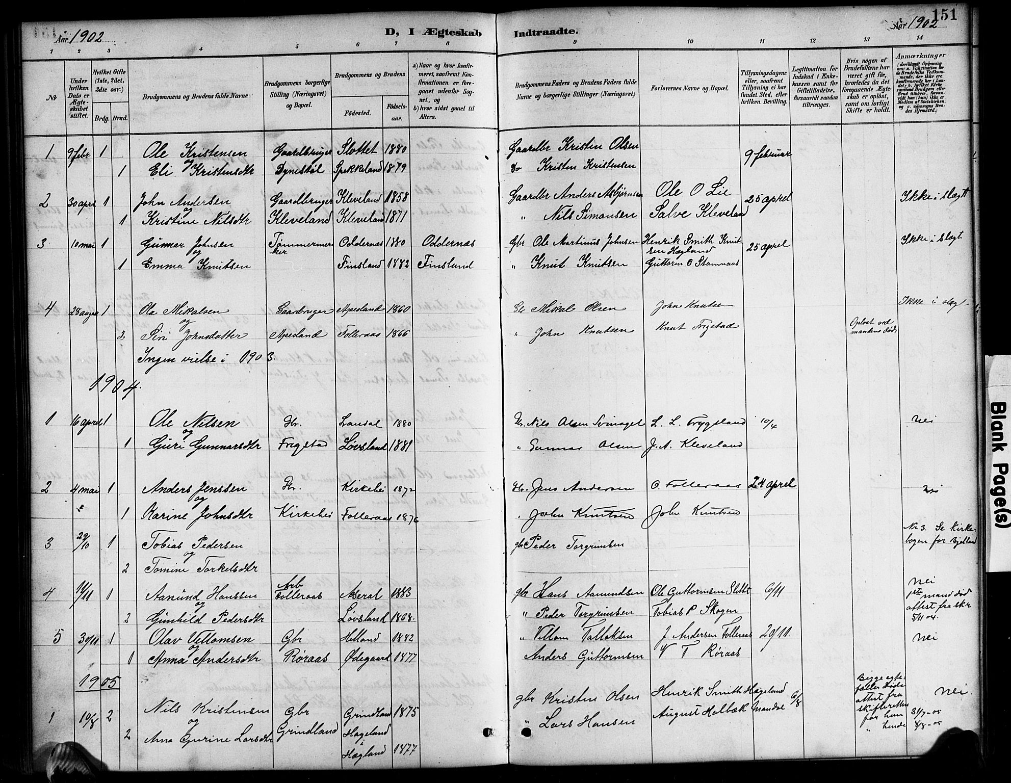 Bjelland sokneprestkontor, SAK/1111-0005/F/Fb/Fbb/L0005: Parish register (copy) no. B 5, 1887-1918, p. 151