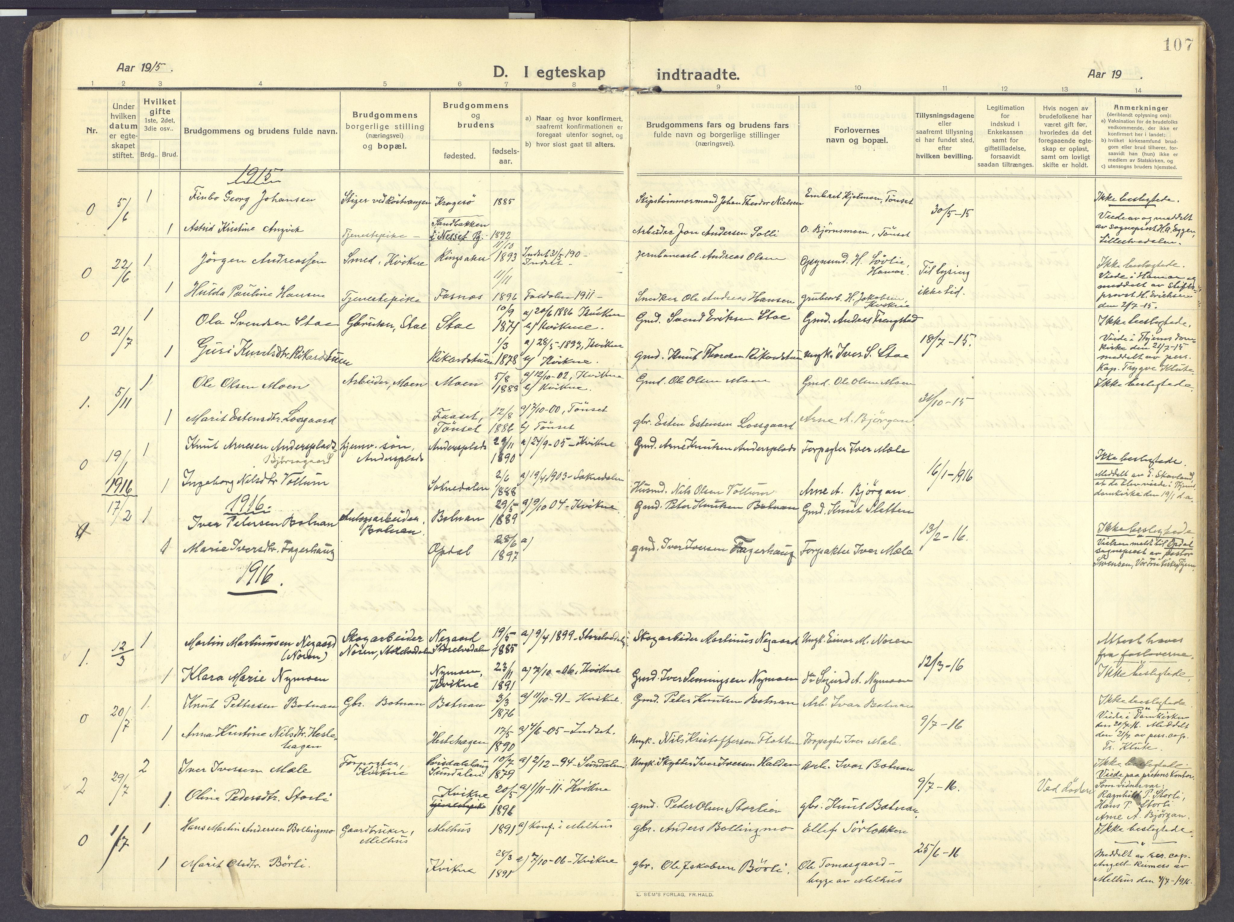 Kvikne prestekontor, SAH/PREST-064/H/Ha/Haa/L0009: Parish register (official) no. 9, 1911-1942, p. 107