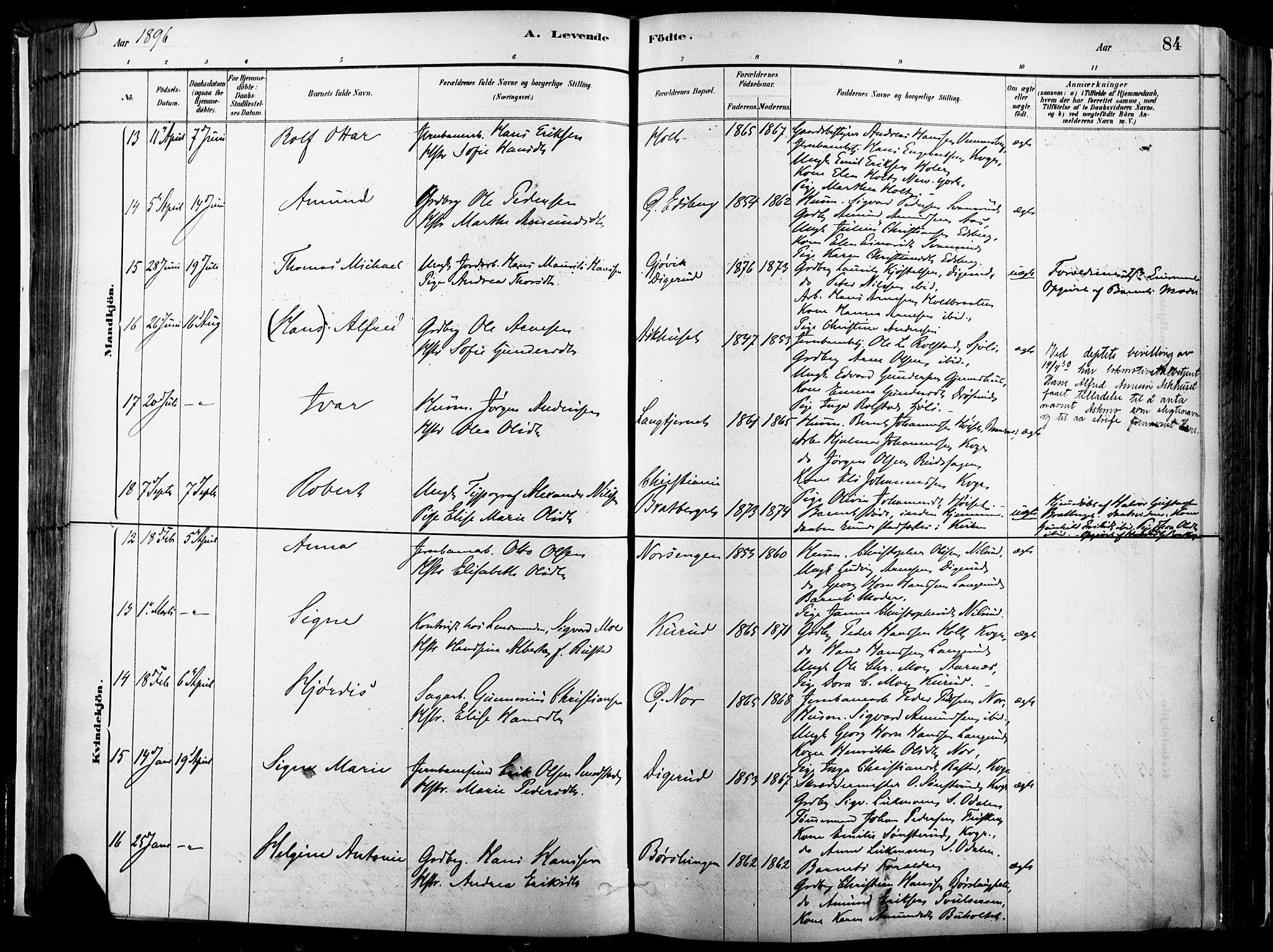 Vinger prestekontor, AV/SAH-PREST-024/H/Ha/Haa/L0014: Parish register (official) no. 14, 1881-1900, p. 84