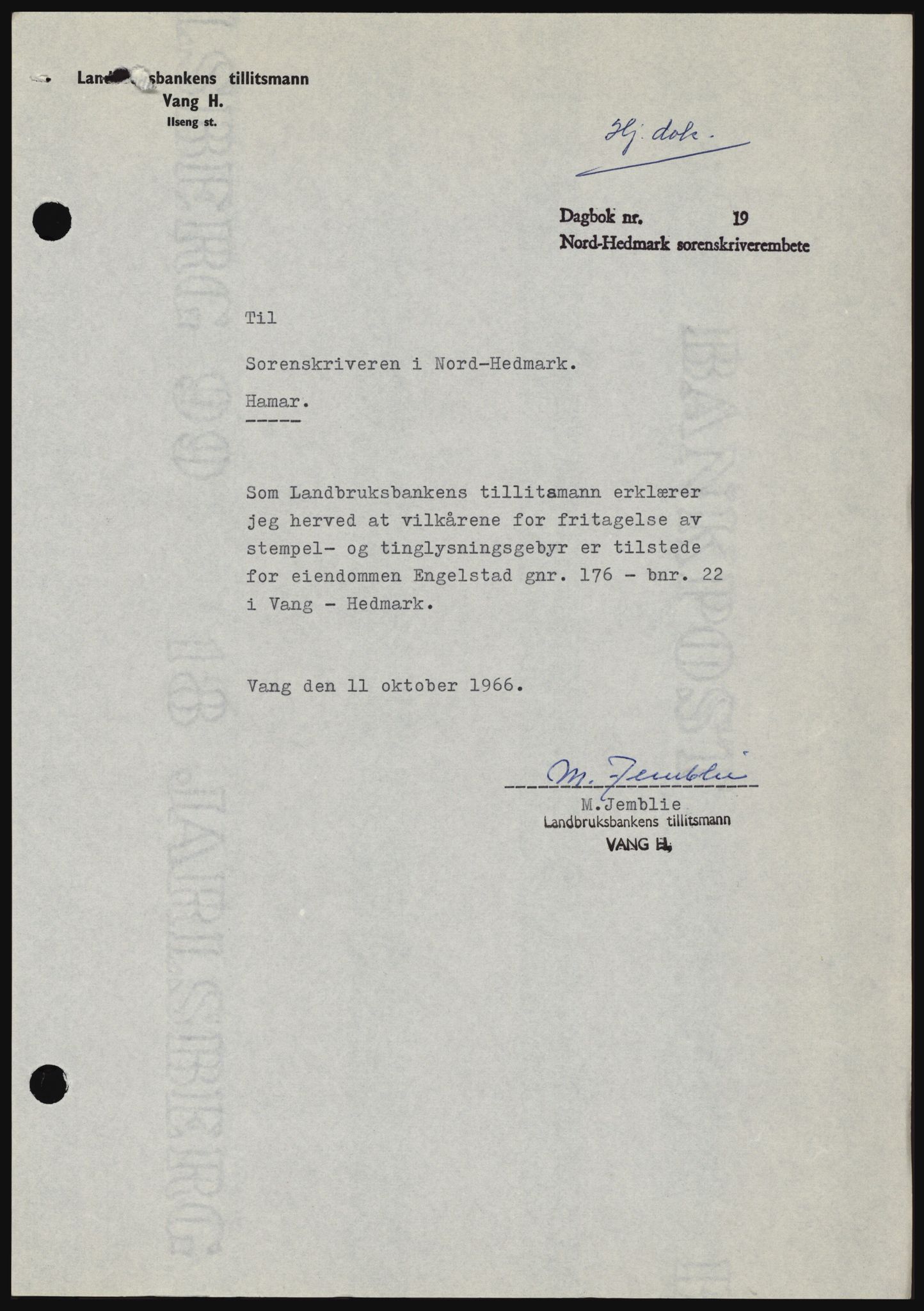 Nord-Hedmark sorenskriveri, AV/SAH-TING-012/H/Hc/L0024: Mortgage book no. 24, 1966-1966, Diary no: : 4433/1966