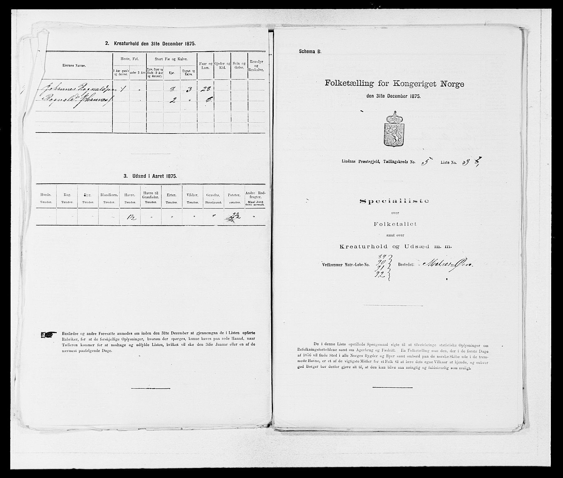 SAB, 1875 census for 1263P Lindås, 1875, p. 392