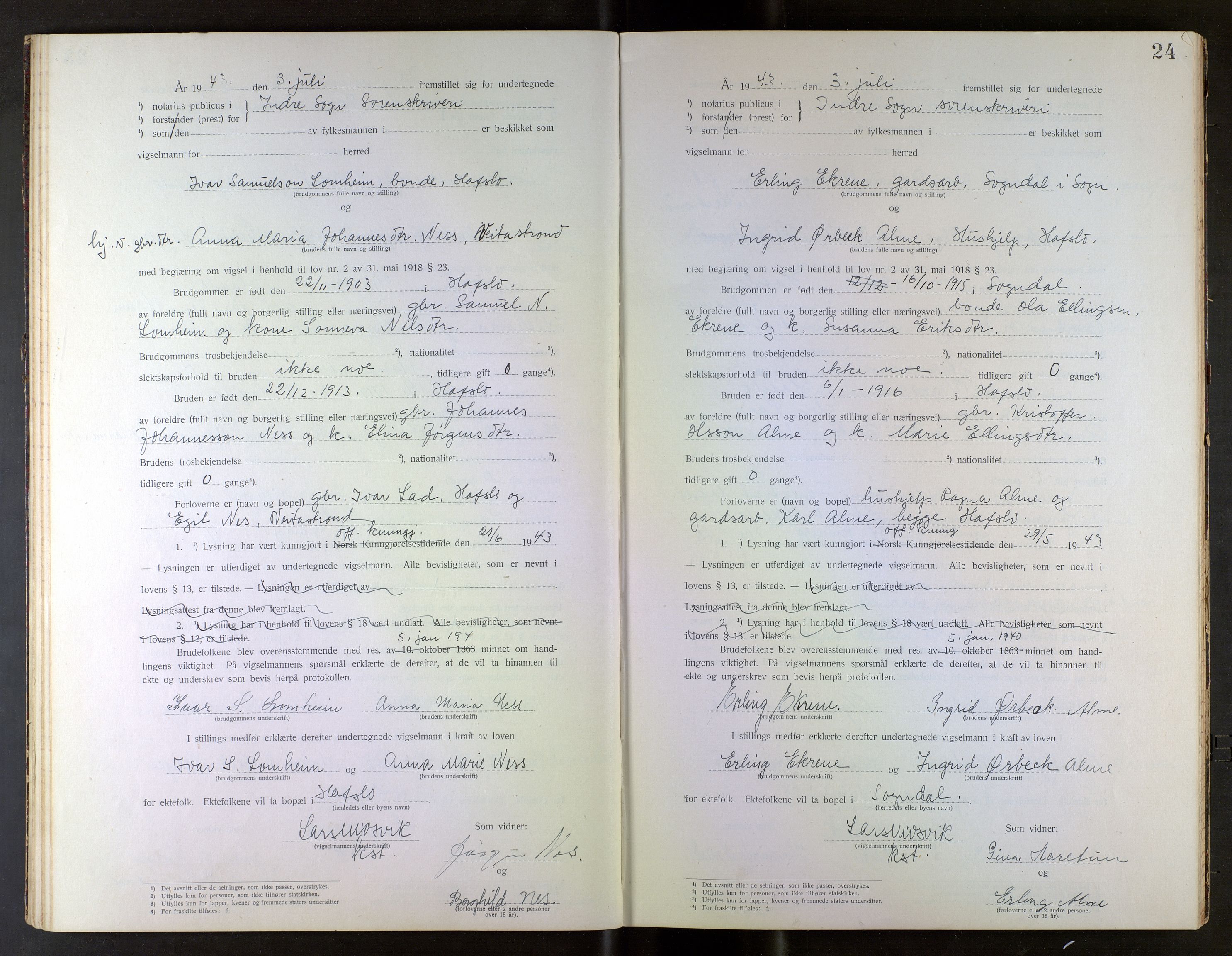 Indre Sogn tingrett, AV/SAB-A-3301/1/L/La/Laa/L0001: Vigselsbok Indre Sogn, 1938-1967, p. 24