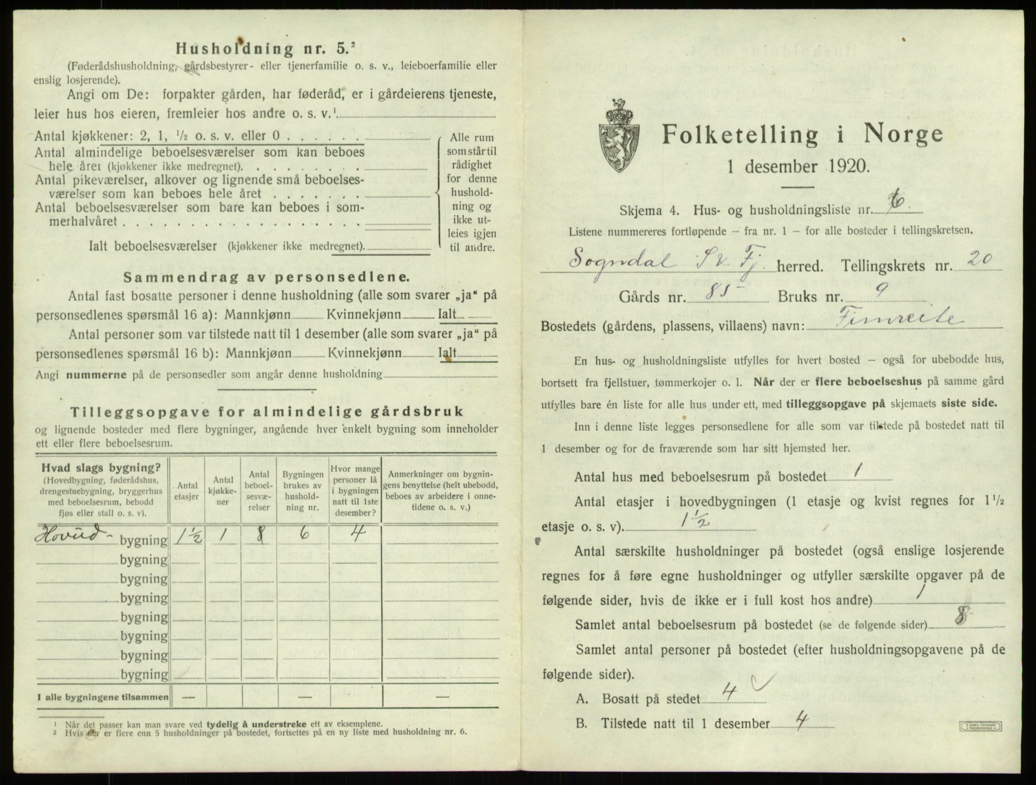 SAB, 1920 census for Sogndal, 1920, p. 1112