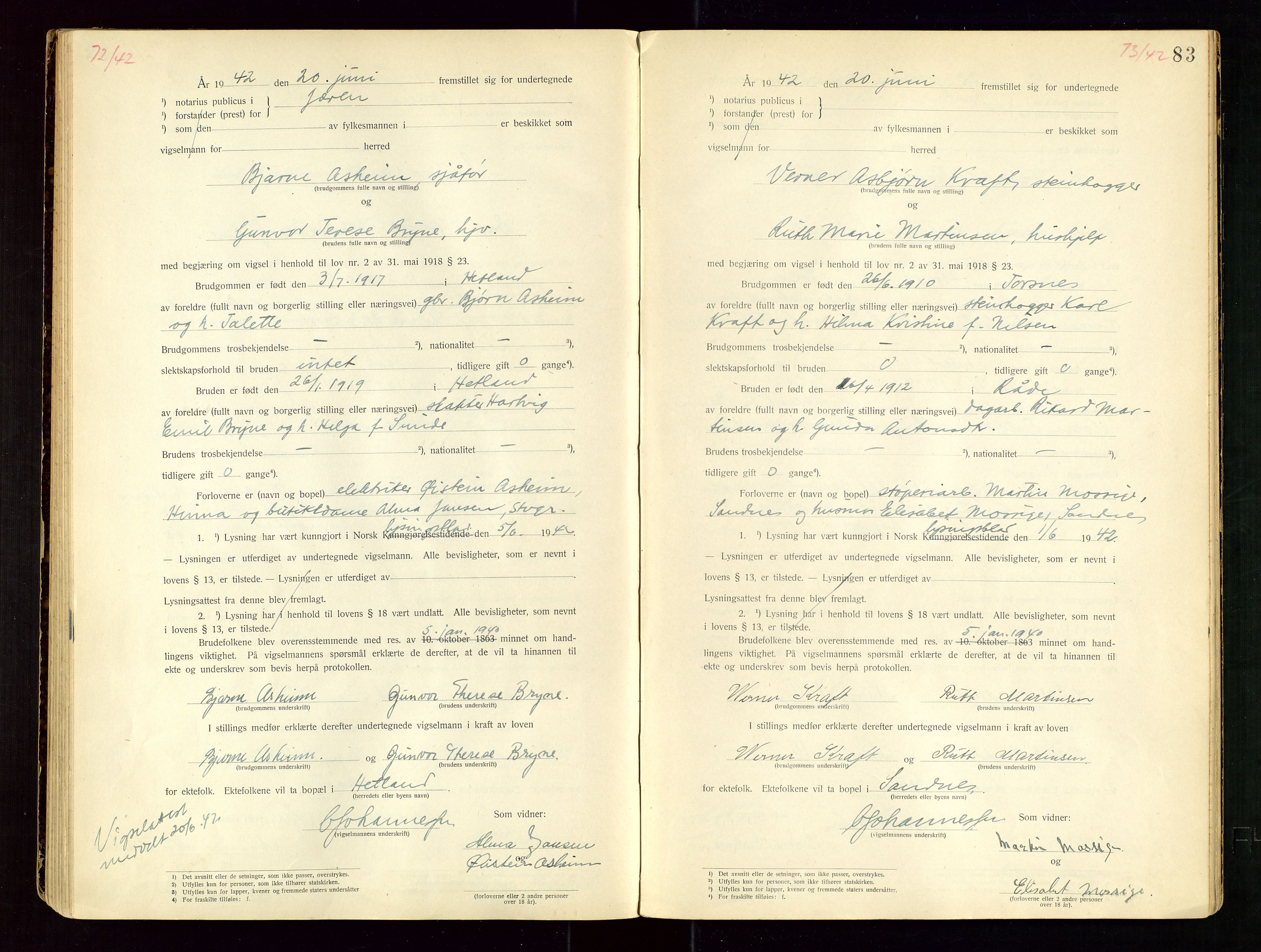 Jæren sorenskriveri, AV/SAST-A-100310/01/6/62/62BA/L0002: VIGSELSPROTOKOLL, 1937-1942, p. 83