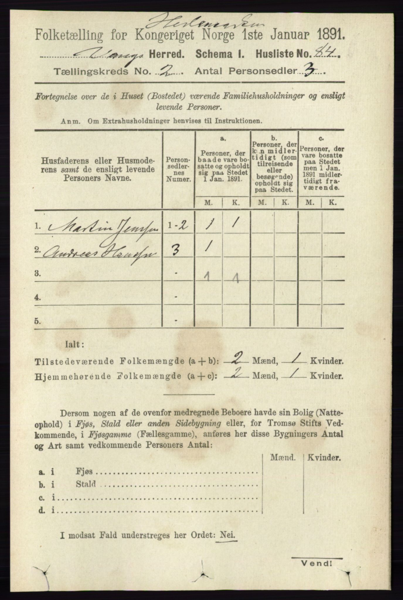 RA, 1891 census for 0414 Vang, 1891, p. 1015
