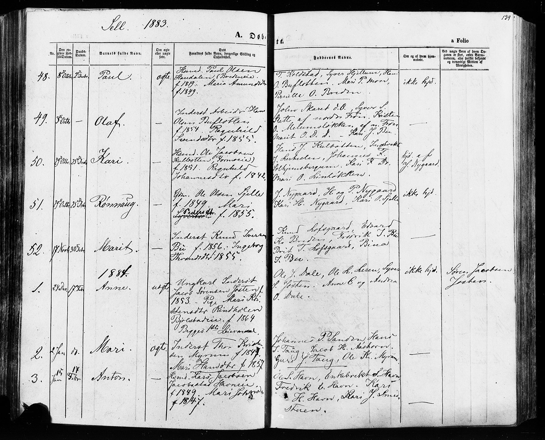 Vågå prestekontor, SAH/PREST-076/H/Ha/Haa/L0007: Parish register (official) no. 7 /3, 1872-1886, p. 134