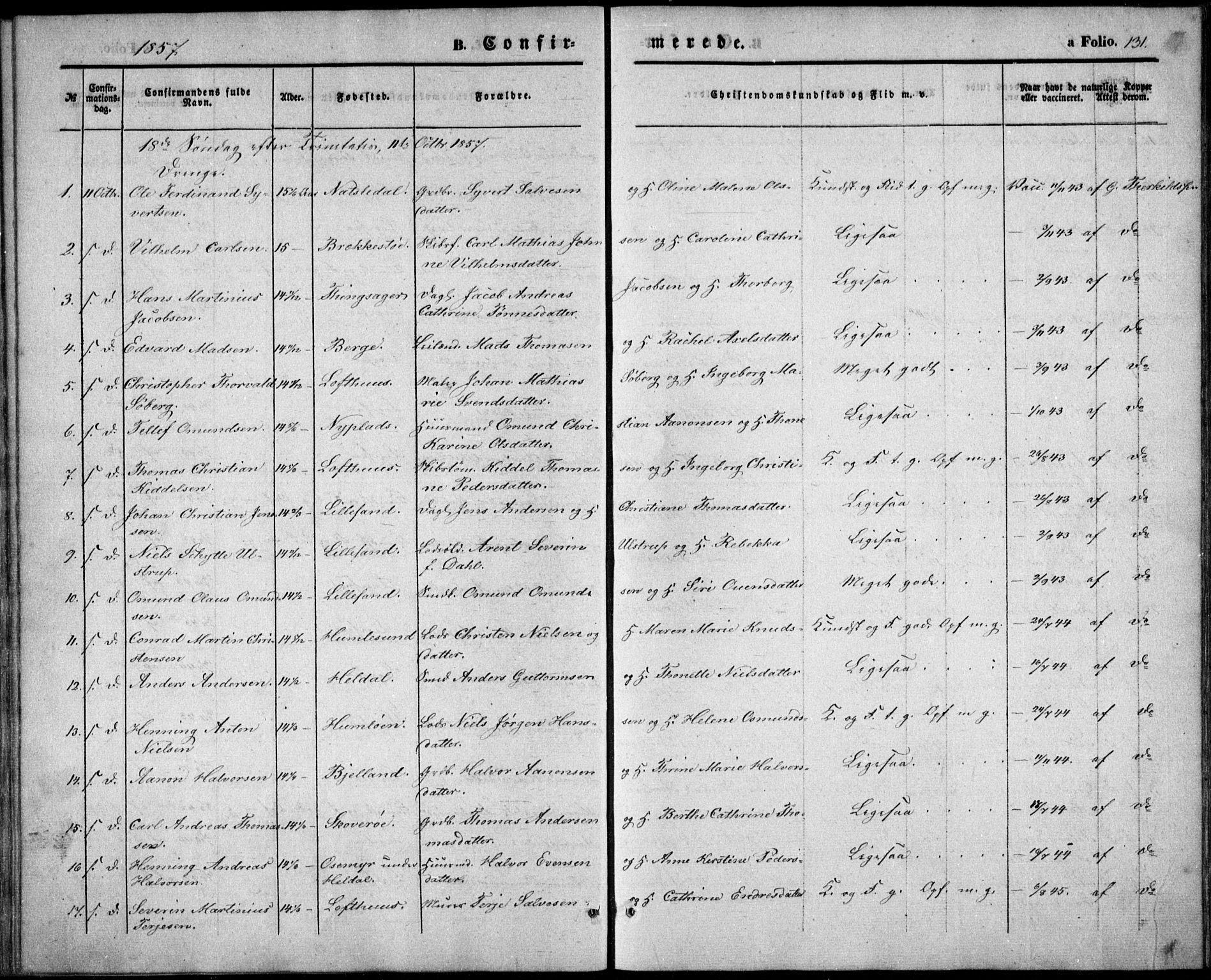 Vestre Moland sokneprestkontor, SAK/1111-0046/F/Fb/Fbb/L0003: Parish register (copy) no. B 3, 1851-1861, p. 131
