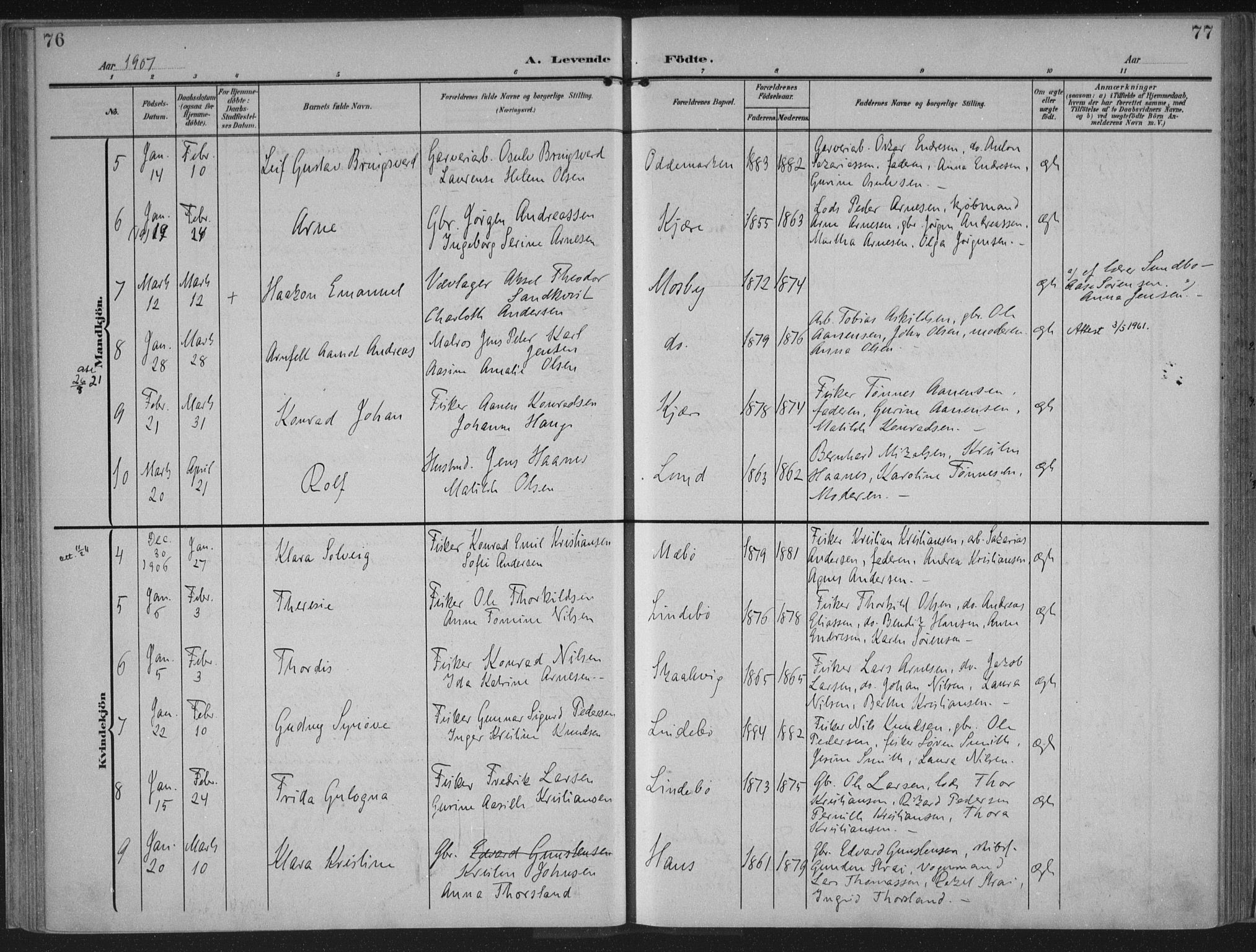 Oddernes sokneprestkontor, AV/SAK-1111-0033/F/Fa/Faa/L0011: Parish register (official) no. A 11, 1904-1911, p. 76-77