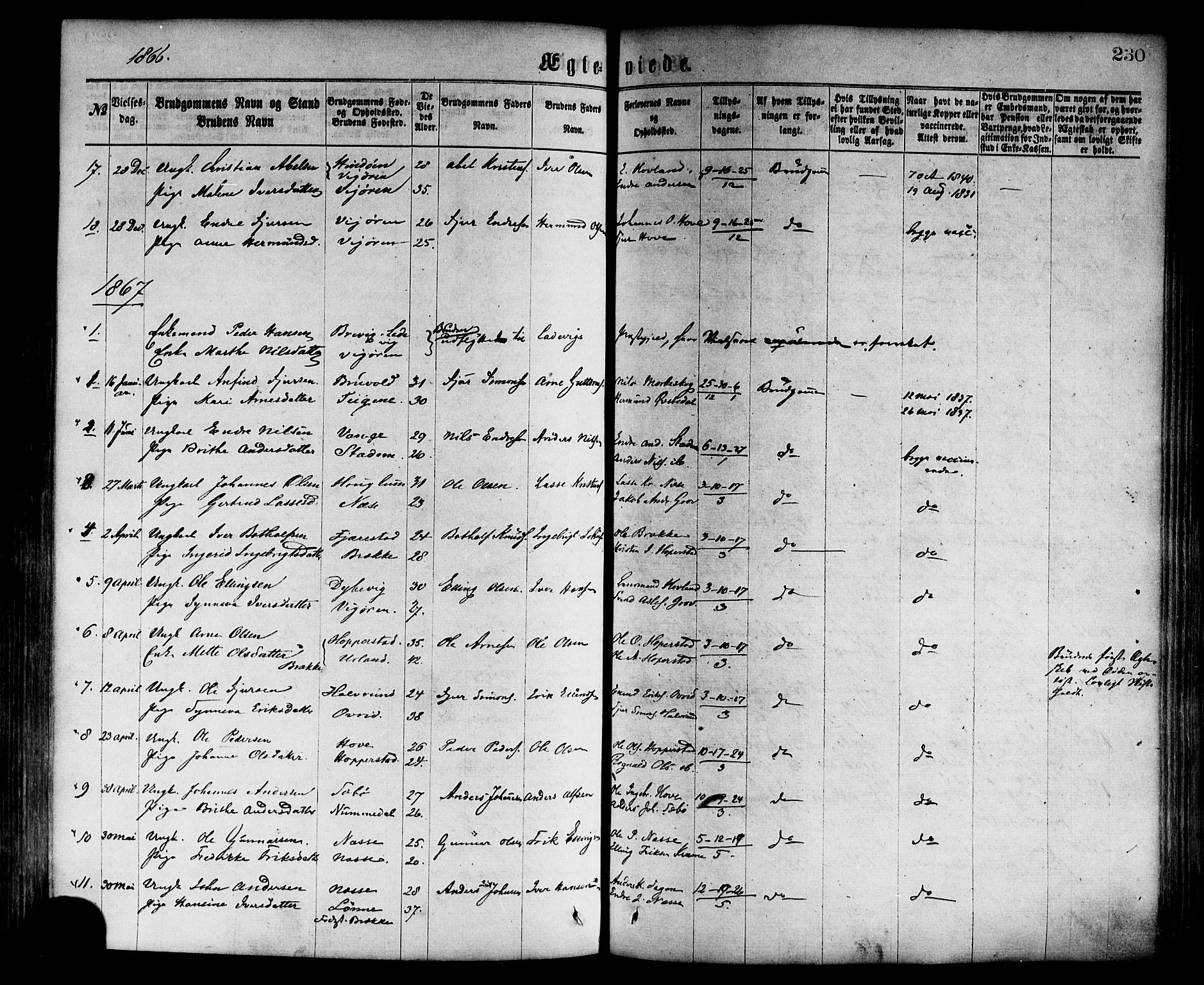 Vik sokneprestembete, AV/SAB-A-81501/H/Haa/Haaa/L0009: Parish register (official) no. A 9, 1866-1877, p. 230