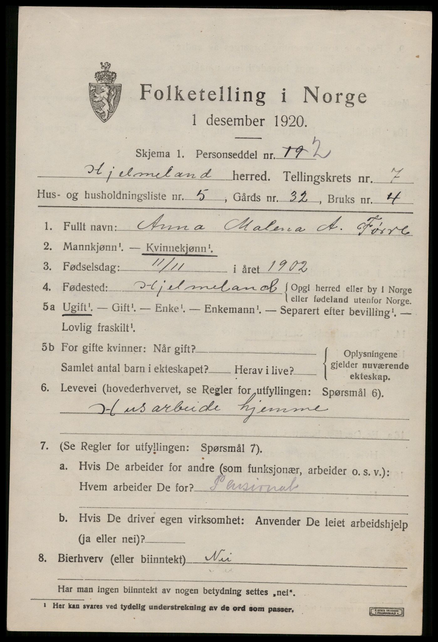 SAST, 1920 census for Hjelmeland, 1920, p. 2293