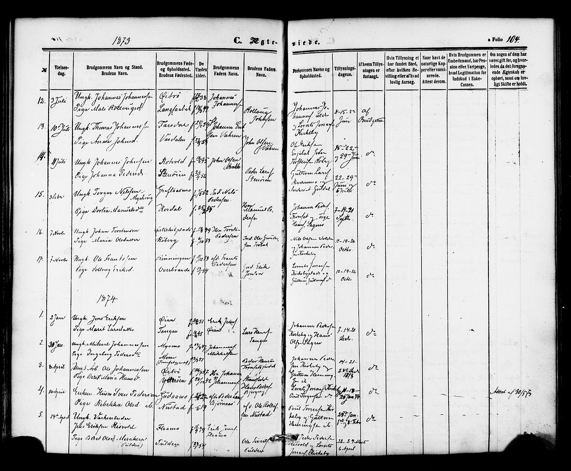 Ministerialprotokoller, klokkerbøker og fødselsregistre - Nord-Trøndelag, SAT/A-1458/706/L0041: Parish register (official) no. 706A02, 1862-1877, p. 104