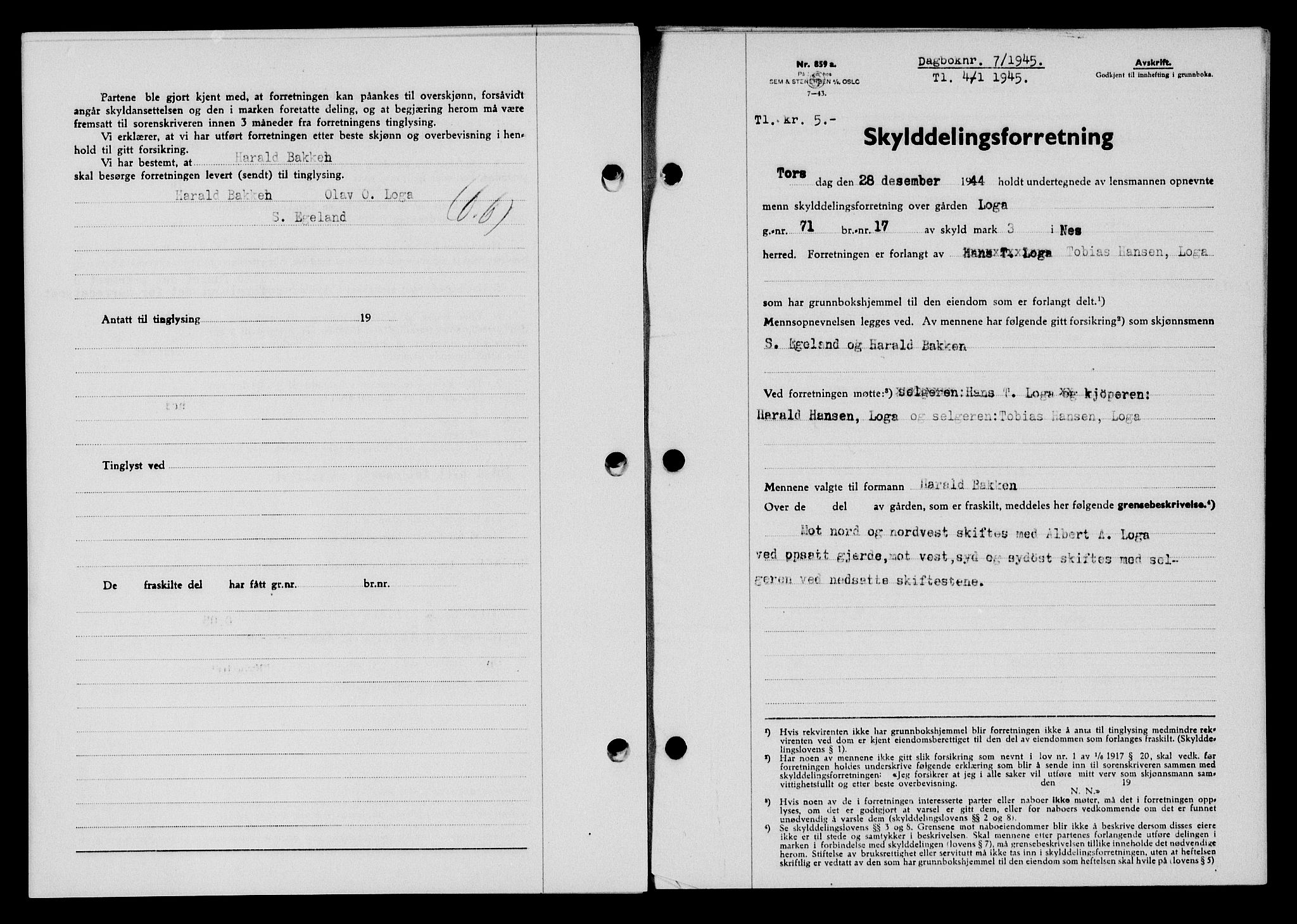 Flekkefjord sorenskriveri, SAK/1221-0001/G/Gb/Gba/L0059: Mortgage book no. A-7, 1944-1945, Diary no: : 7/1945