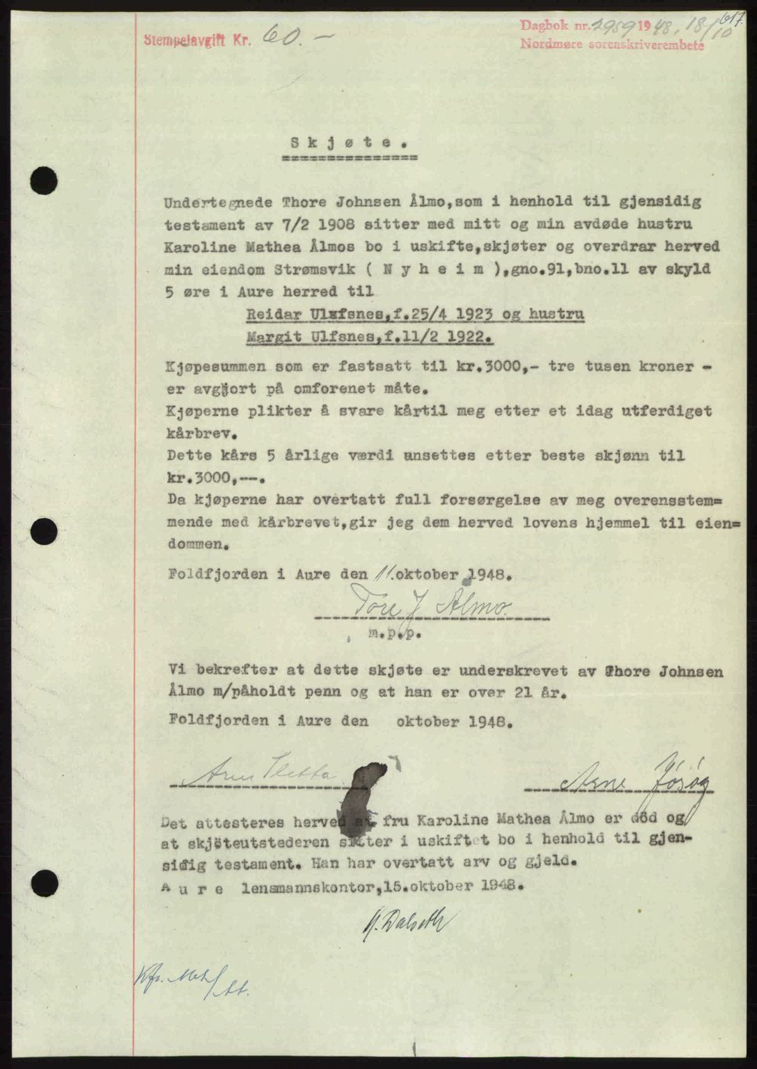 Nordmøre sorenskriveri, AV/SAT-A-4132/1/2/2Ca: Mortgage book no. A109, 1948-1948, Diary no: : 2959/1948