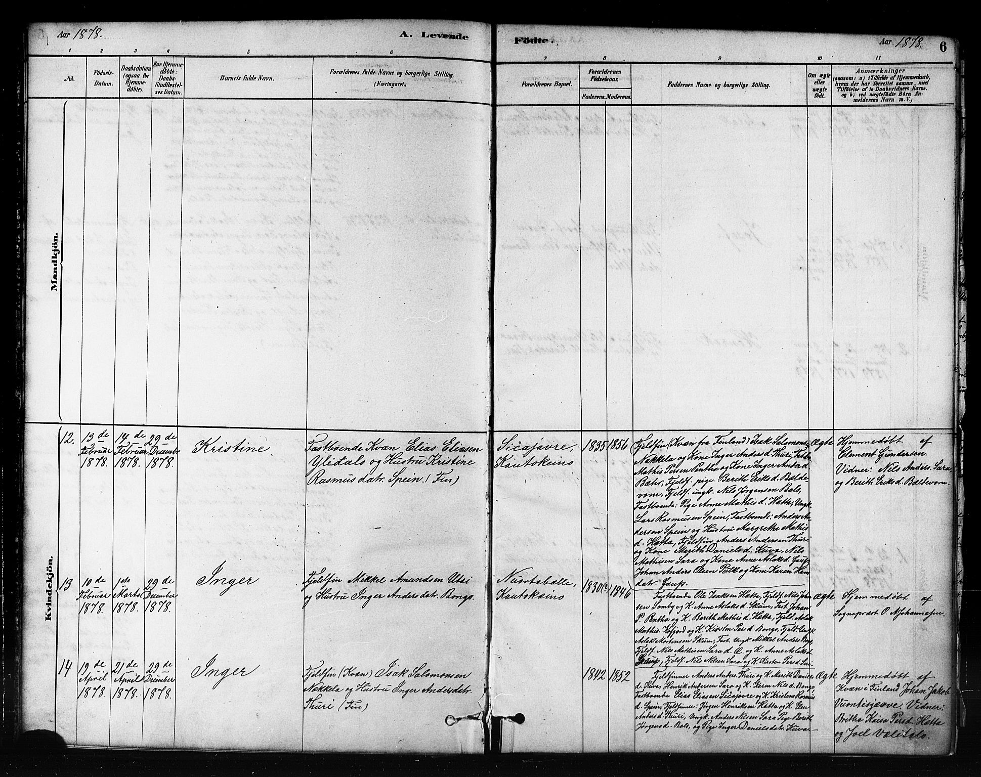 Kautokeino sokneprestembete, AV/SATØ-S-1340/H/Hb/L0002.klokk: Parish register (copy) no. 2, 1877-1896, p. 6