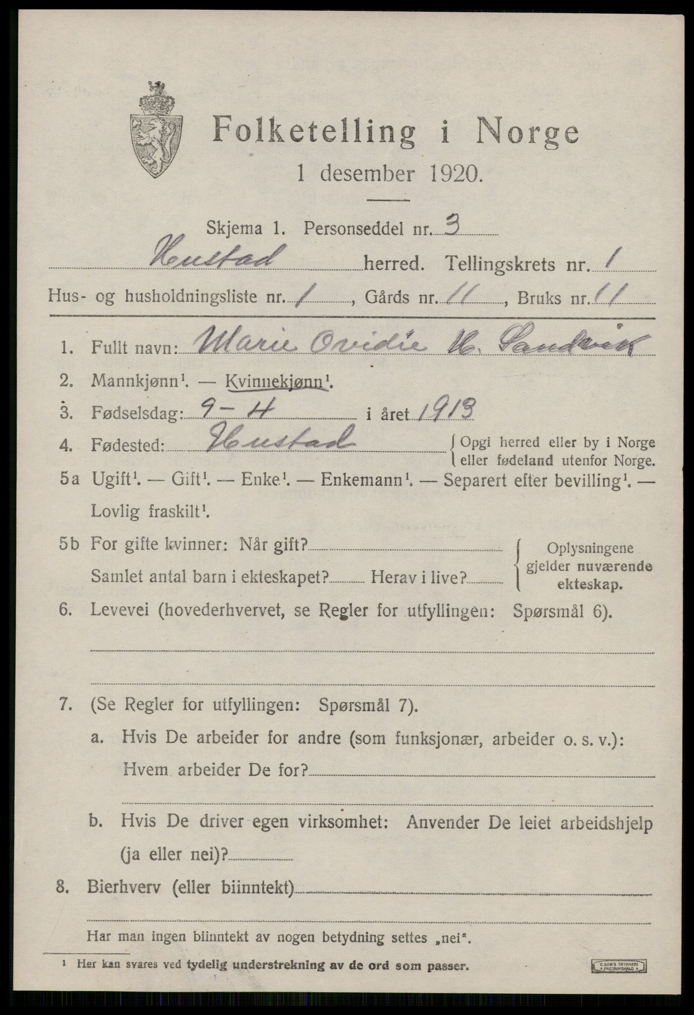 SAT, 1920 census for Hustad, 1920, p. 737