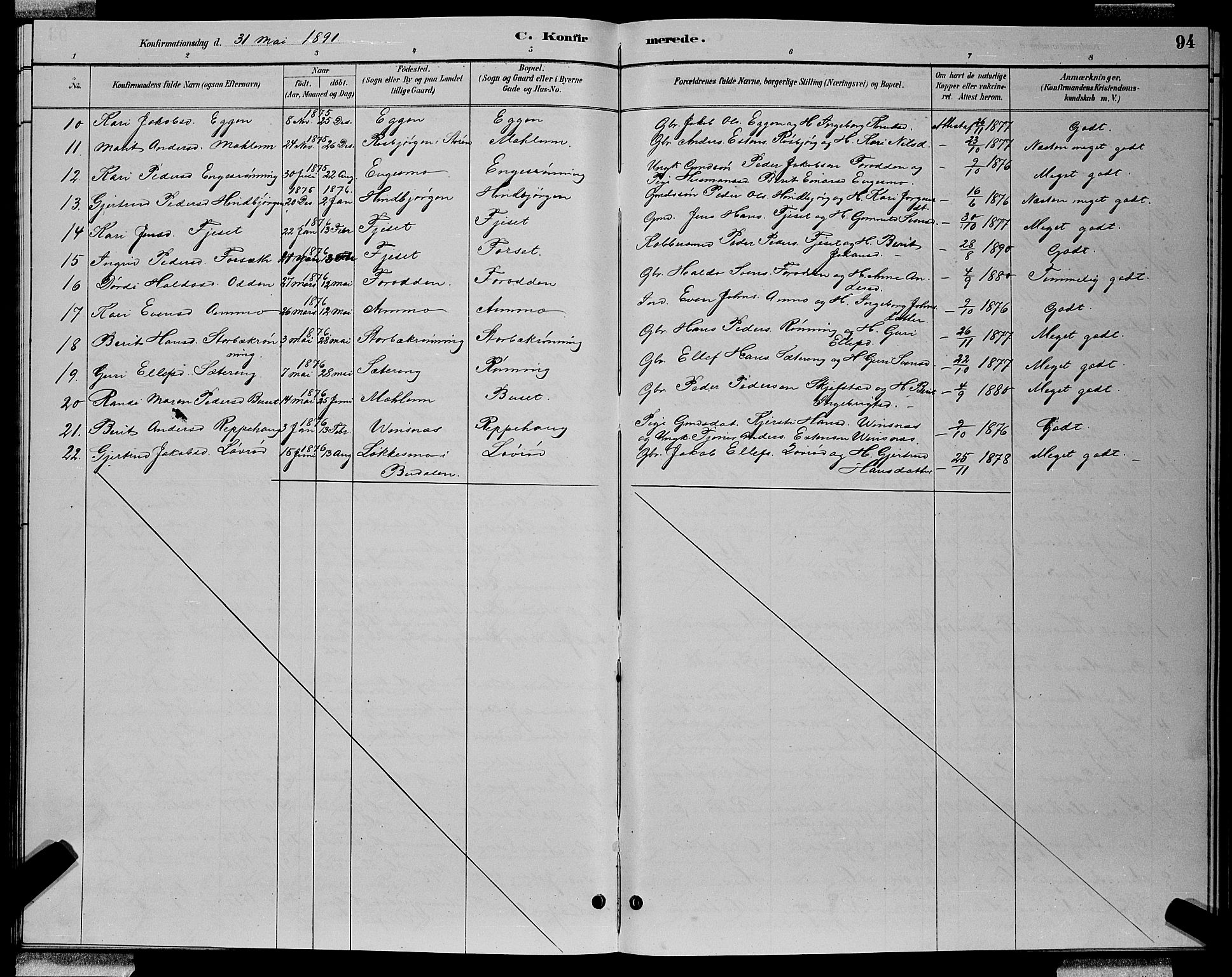 Ministerialprotokoller, klokkerbøker og fødselsregistre - Sør-Trøndelag, AV/SAT-A-1456/688/L1028: Parish register (copy) no. 688C03, 1889-1899, p. 94