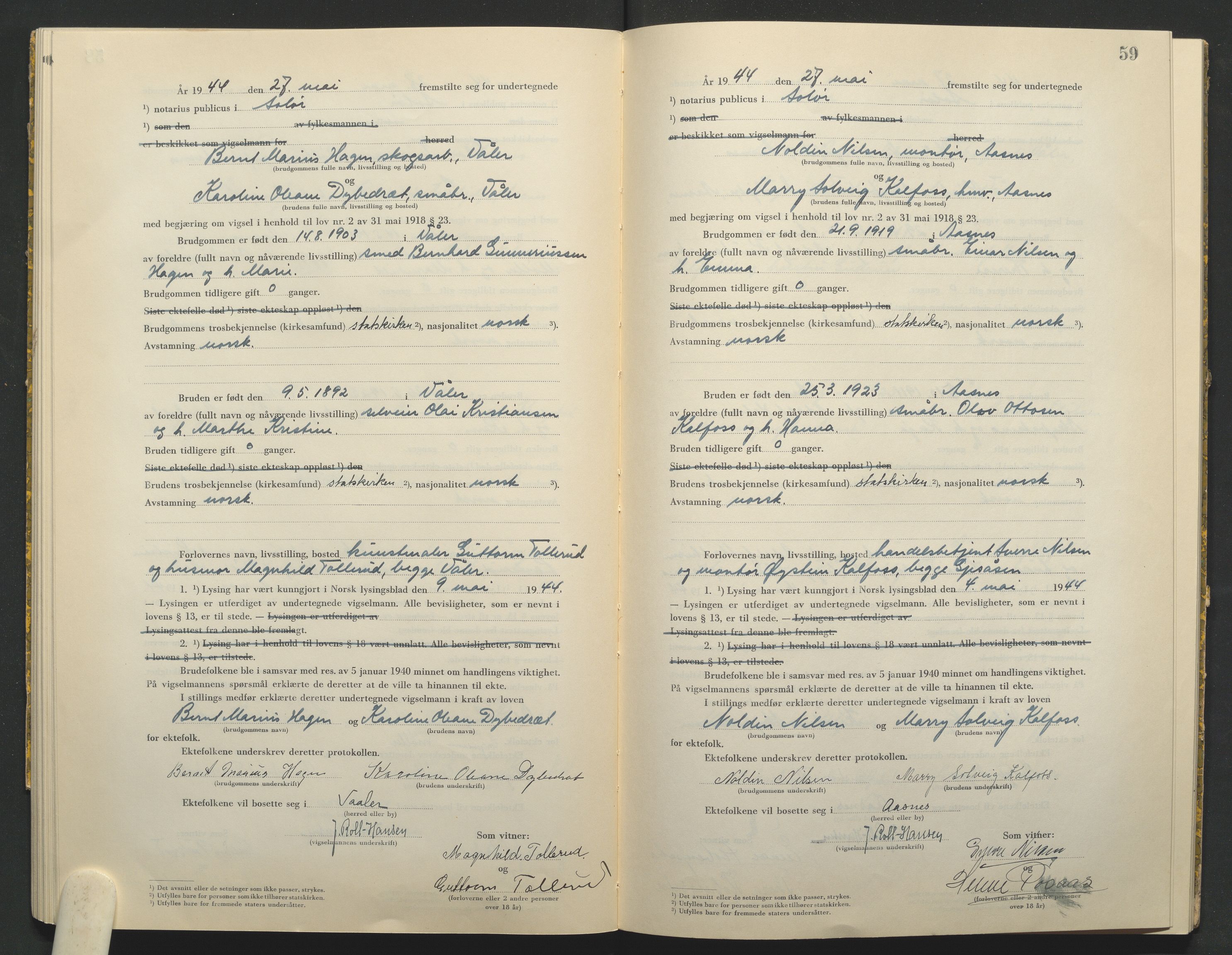 Solør tingrett, AV/SAH-TING-008/L/Lb/L0002: Vigselprotokoll, 1943-1944, p. 59
