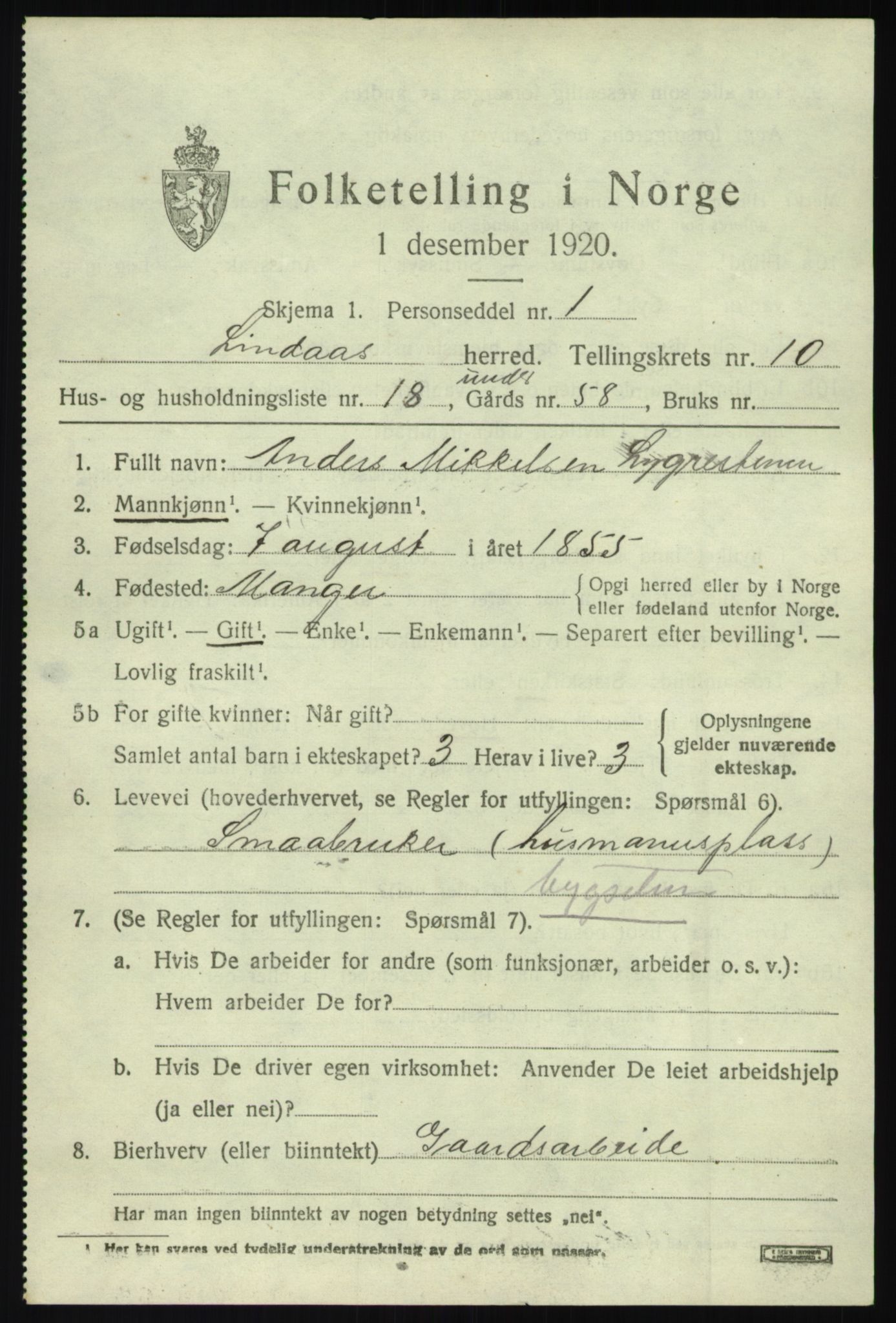 SAB, 1920 census for Lindås, 1920, p. 5597