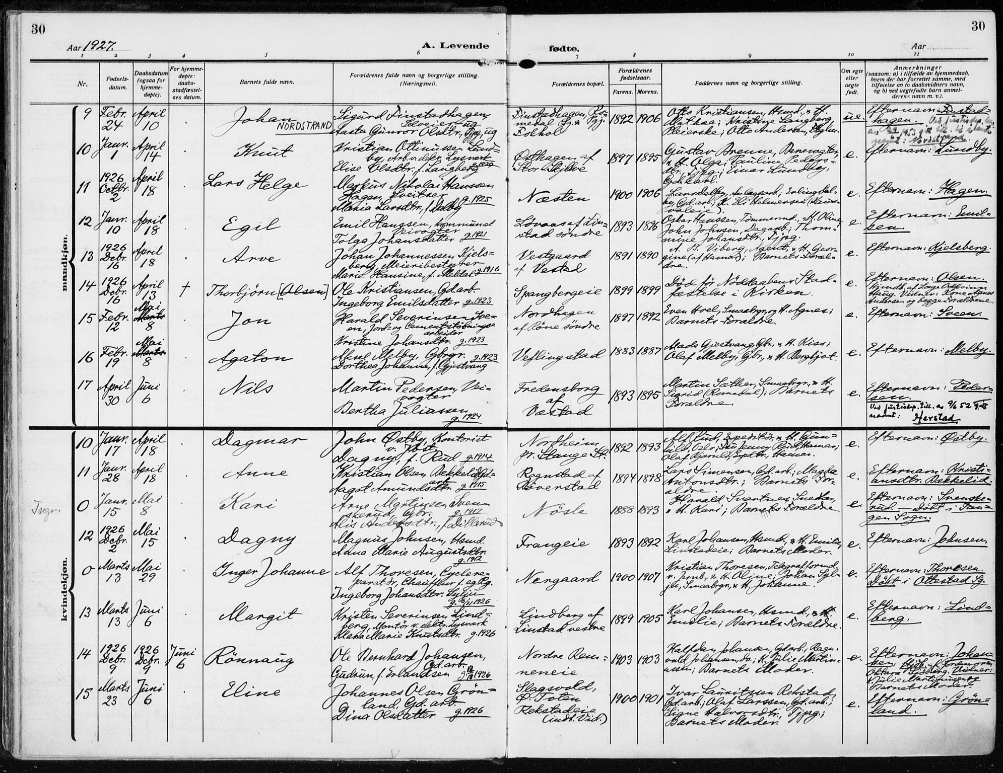 Stange prestekontor, AV/SAH-PREST-002/K/L0026: Parish register (official) no. 26, 1923-1937, p. 30