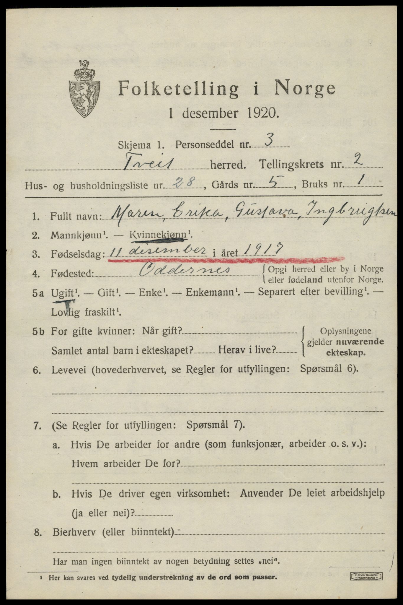 SAK, 1920 census for Tveit, 1920, p. 1466