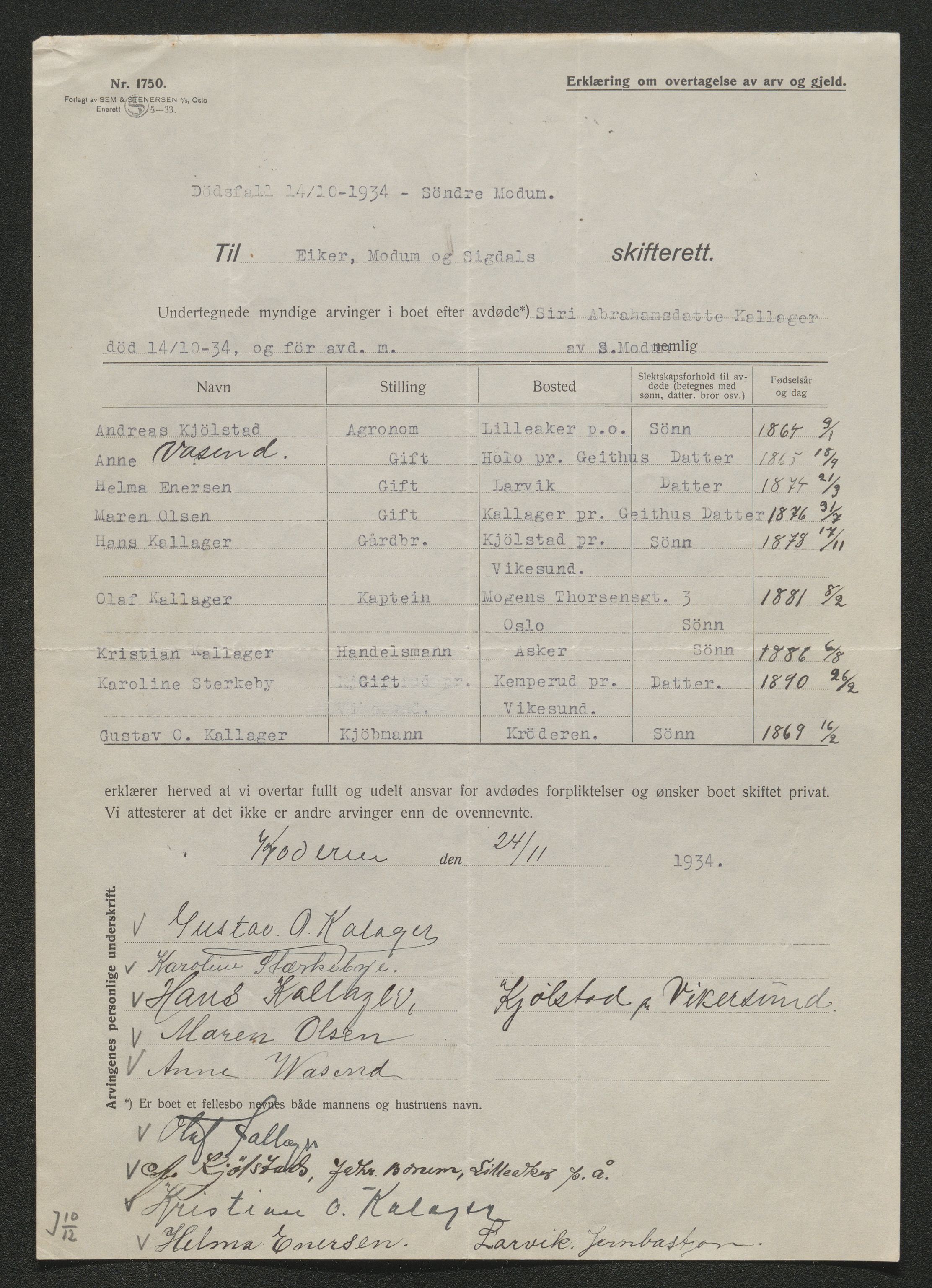 Eiker, Modum og Sigdal sorenskriveri, AV/SAKO-A-123/H/Ha/Hab/L0049: Dødsfallsmeldinger, 1934, p. 865