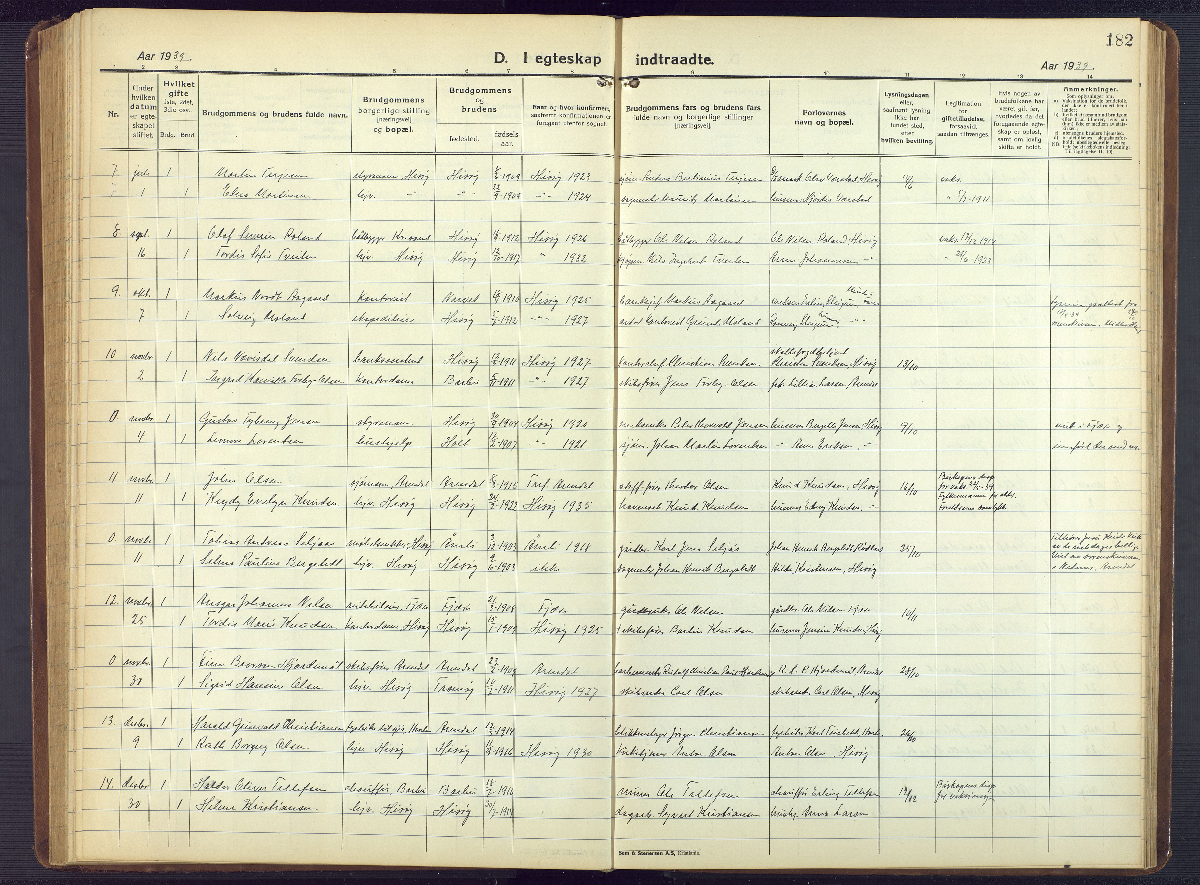 Hisøy sokneprestkontor, AV/SAK-1111-0020/F/Fb/L0005: Parish register (copy) no. B 5, 1924-1946, p. 182