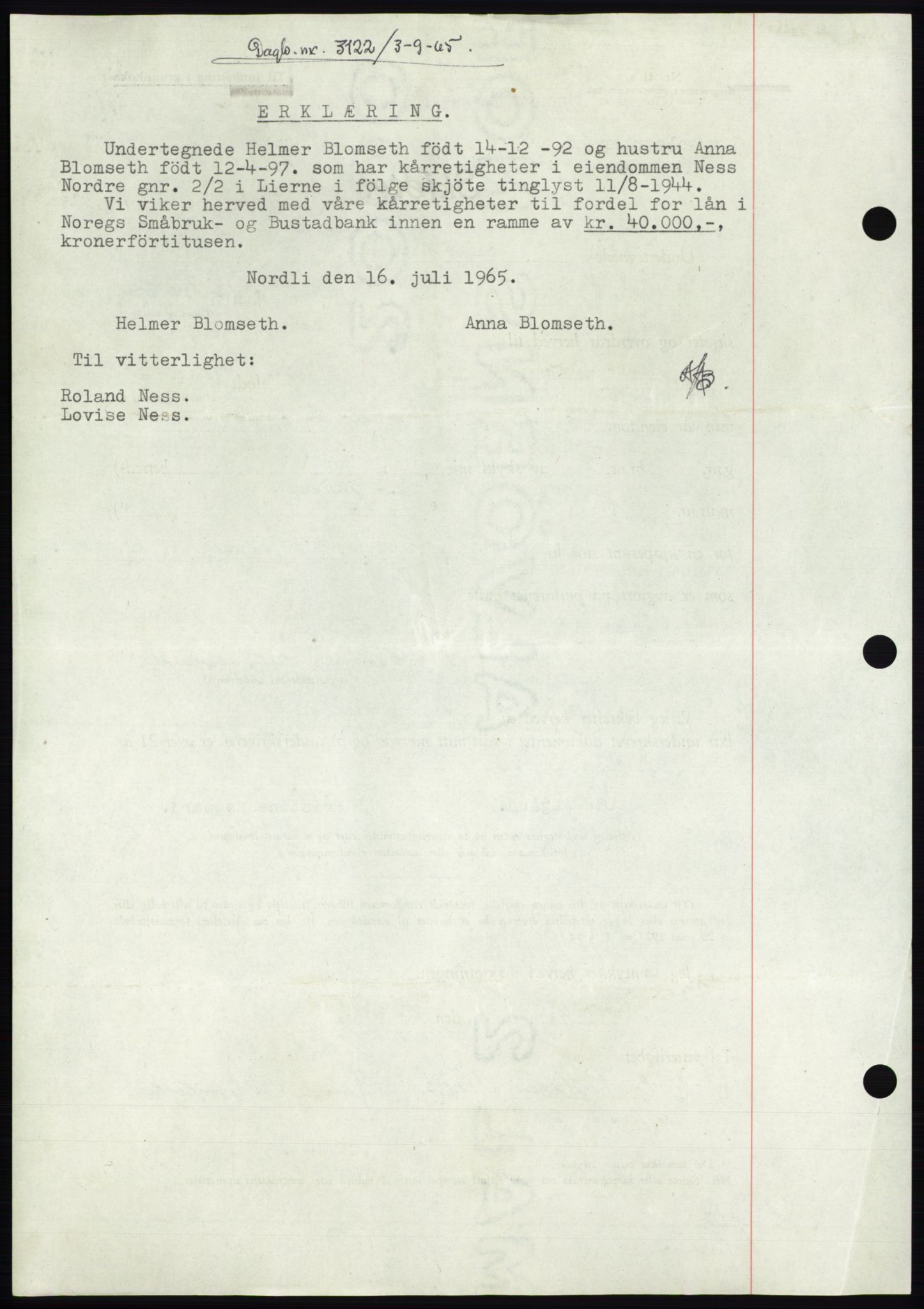 Namdal sorenskriveri, SAT/A-4133/1/2/2C: Mortgage book no. -, 1944-1945, Diary no: : 3122/1944