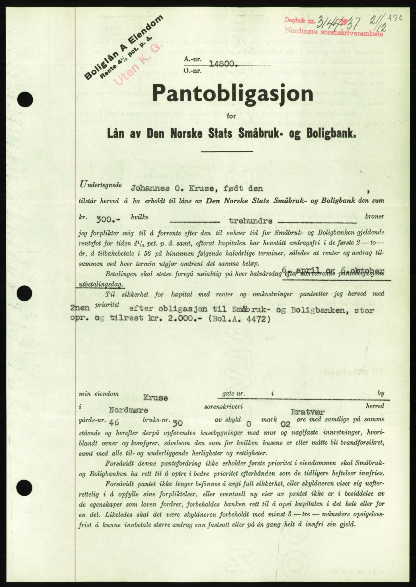 Nordmøre sorenskriveri, AV/SAT-A-4132/1/2/2Ca/L0092: Mortgage book no. B82, 1937-1938, Diary no: : 3144/1937