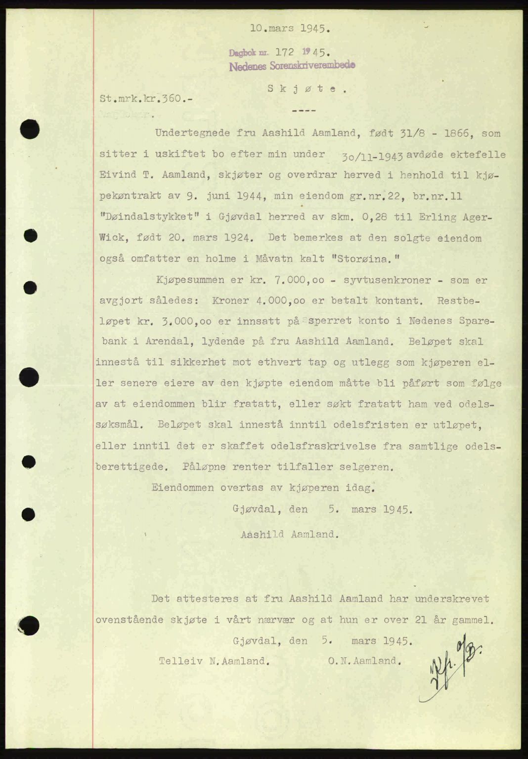 Nedenes sorenskriveri, SAK/1221-0006/G/Gb/Gba/L0052: Mortgage book no. A6a, 1944-1945, Diary no: : 172/1945