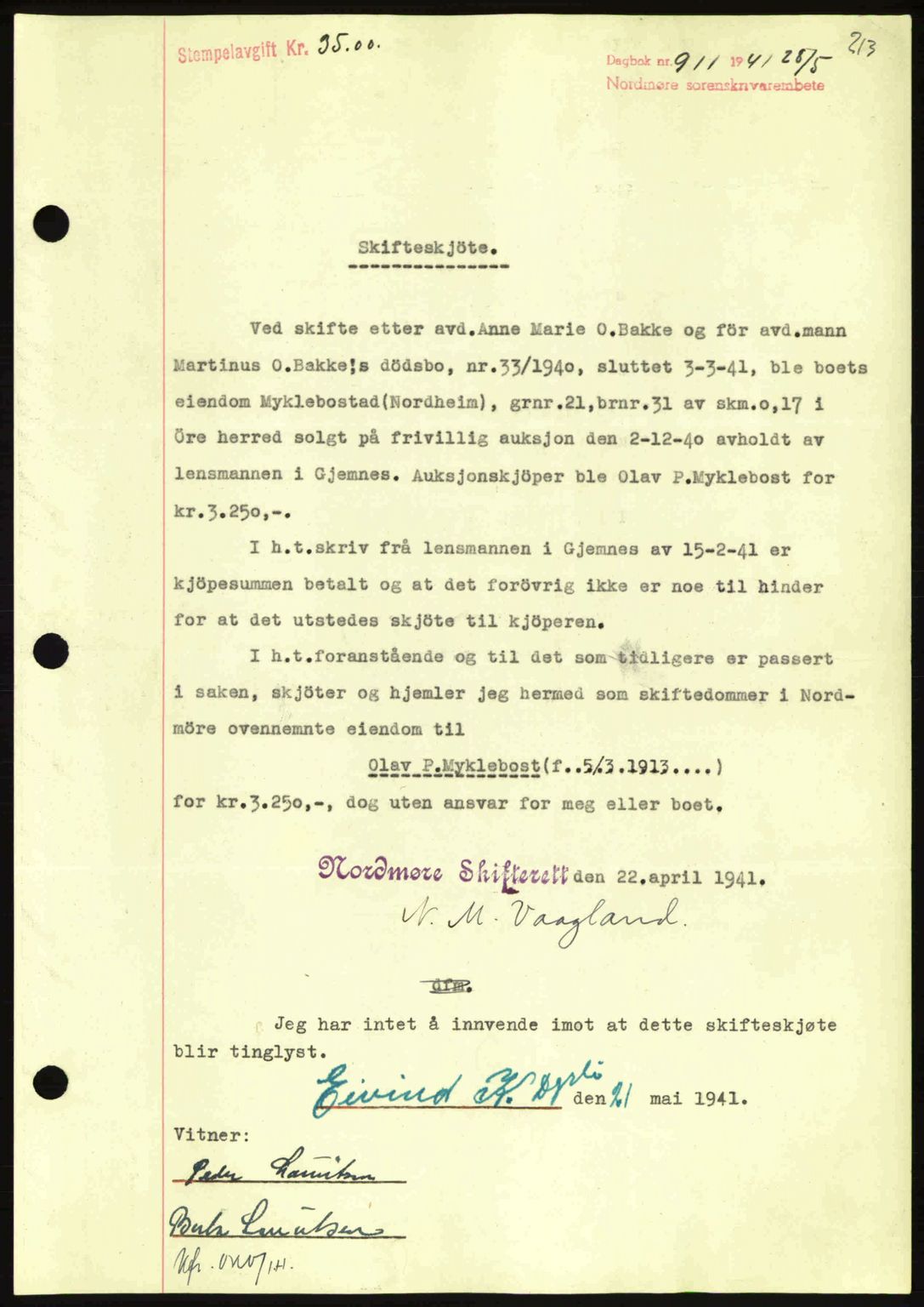Nordmøre sorenskriveri, SAT/A-4132/1/2/2Ca: Mortgage book no. A90, 1941-1941, Diary no: : 911/1941