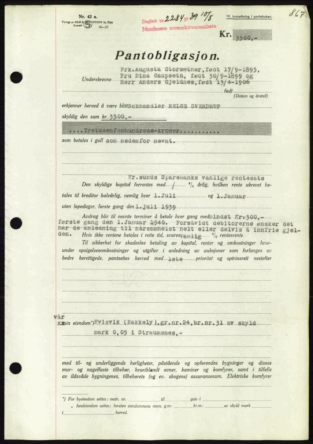 Nordmøre sorenskriveri, AV/SAT-A-4132/1/2/2Ca: Mortgage book no. B85, 1939-1939, Diary no: : 2284/1939