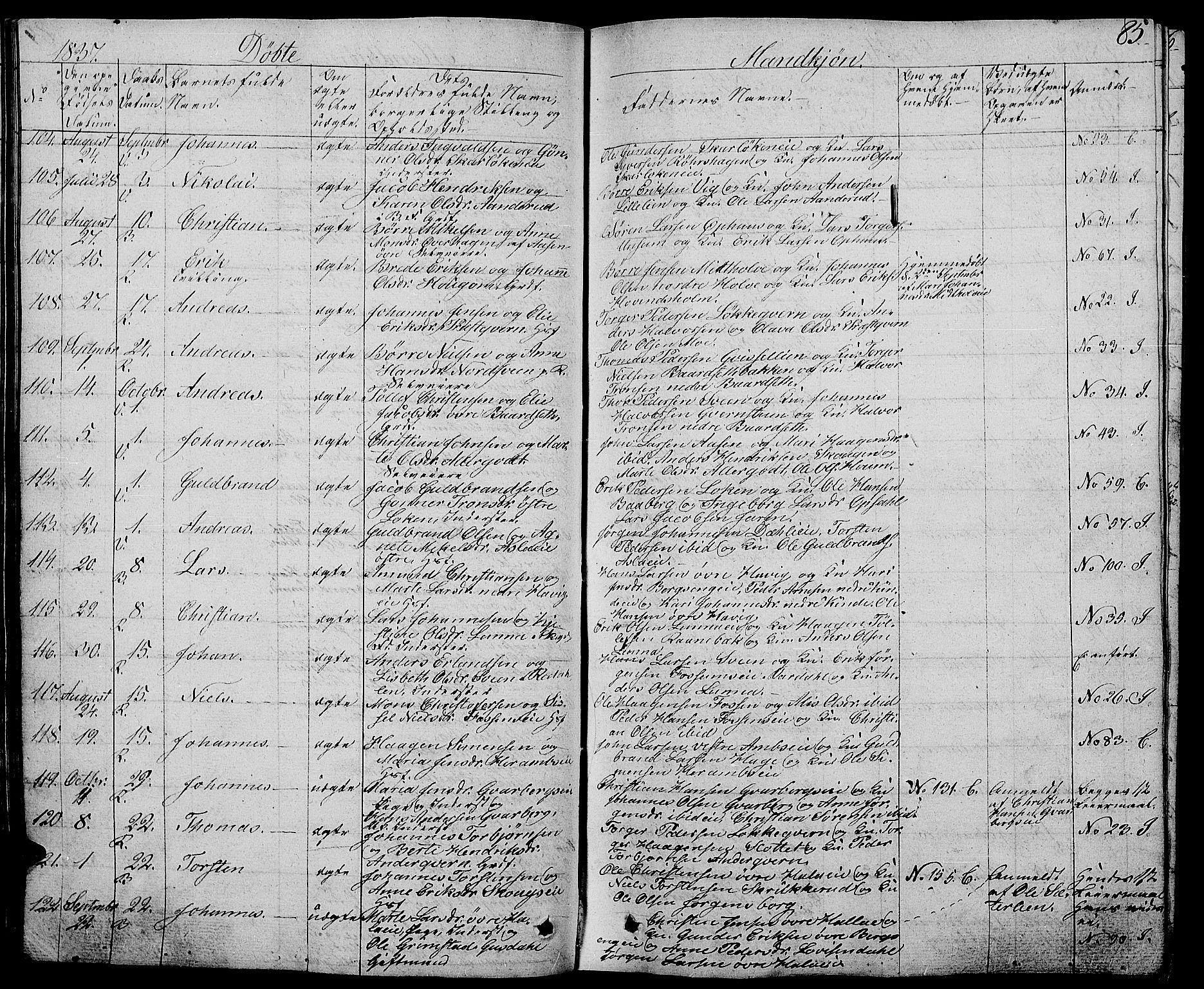 Ringsaker prestekontor, AV/SAH-PREST-014/L/La/L0004: Parish register (copy) no. 4, 1827-1838, p. 85