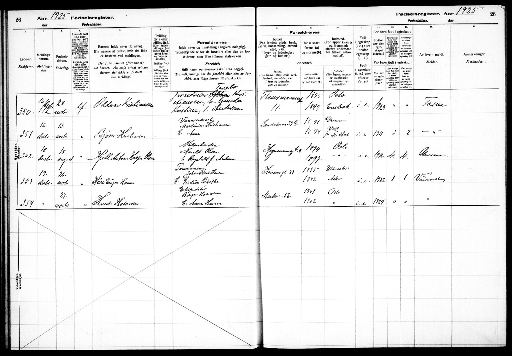Sagene prestekontor Kirkebøker, AV/SAO-A-10796/J/L0004: Birth register no. 4, 1925-1928, p. 26