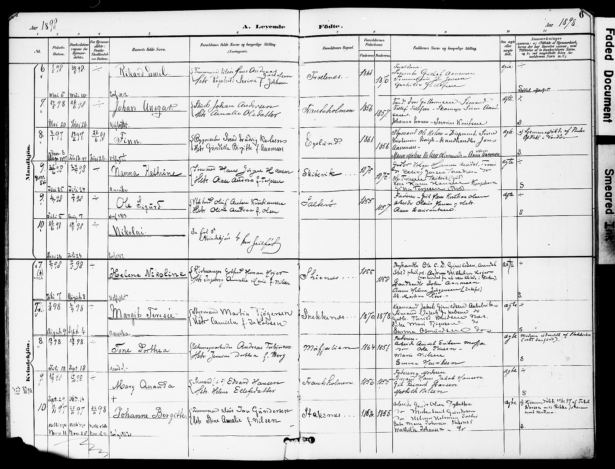 Austre Moland sokneprestkontor, AV/SAK-1111-0001/F/Fa/Fab/L0002: Parish register (official) no. A 2, 1894-1919, p. 6