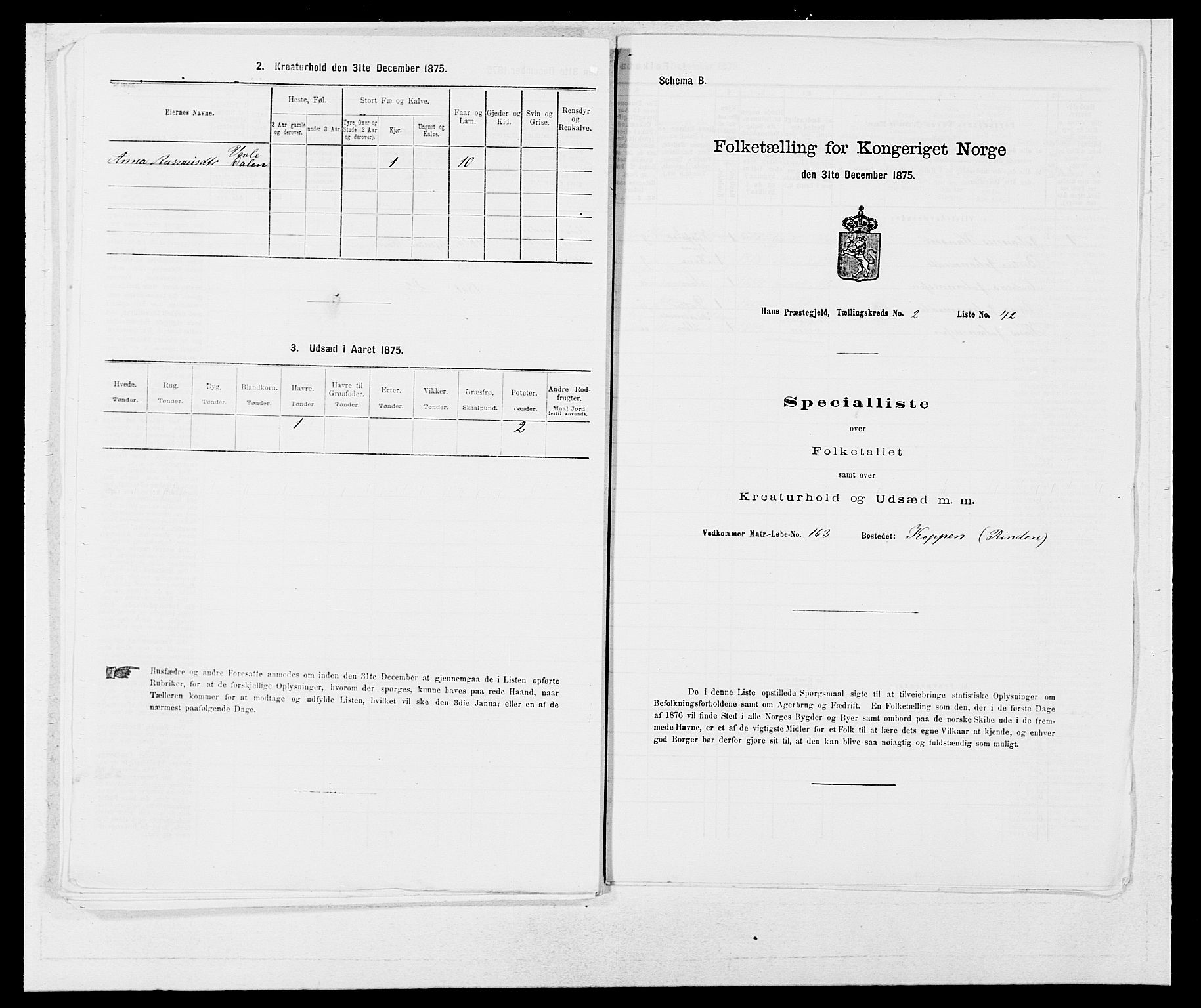 SAB, 1875 census for 1250P Haus, 1875, p. 182