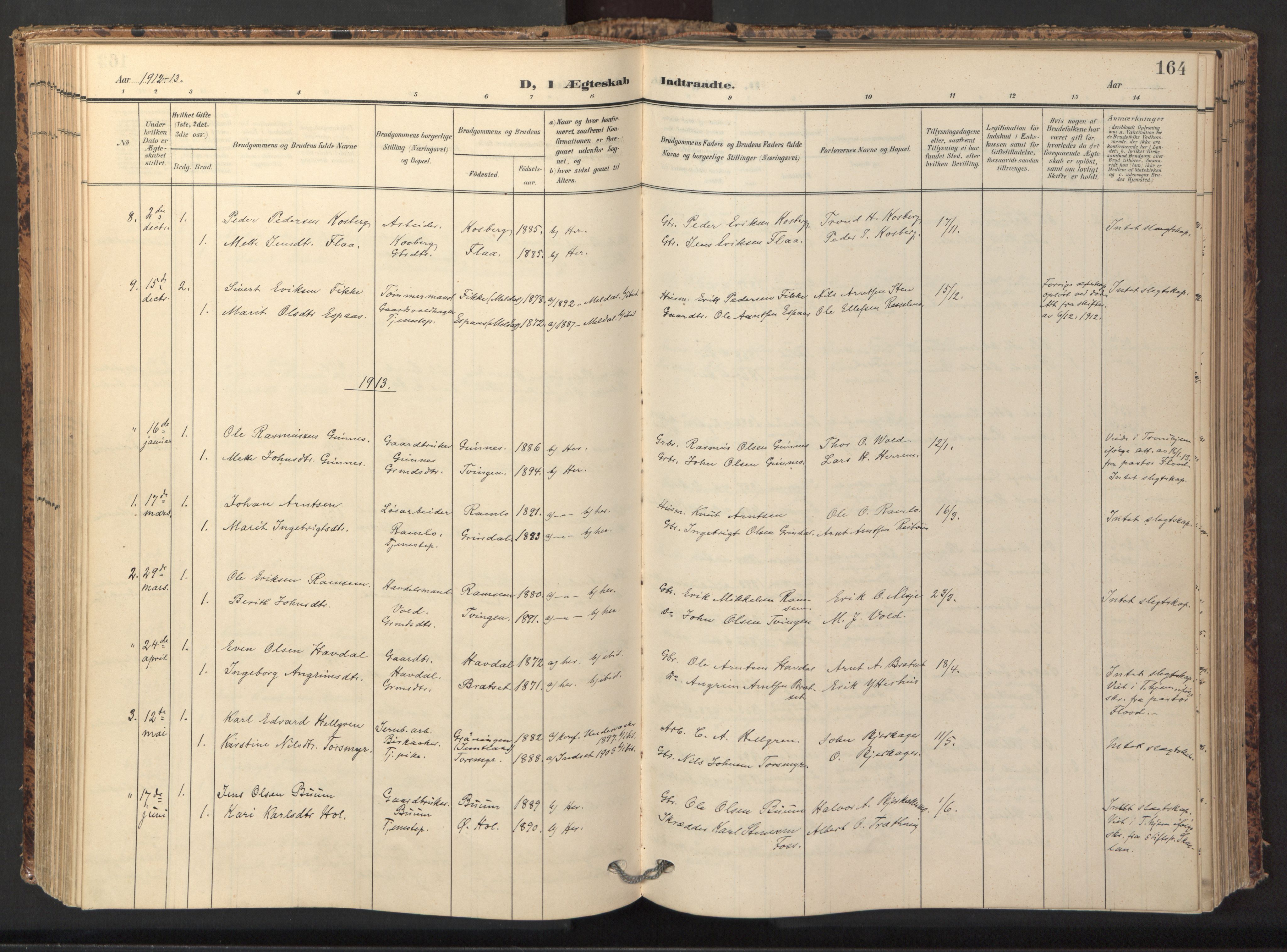Ministerialprotokoller, klokkerbøker og fødselsregistre - Sør-Trøndelag, SAT/A-1456/674/L0873: Parish register (official) no. 674A05, 1908-1923, p. 164