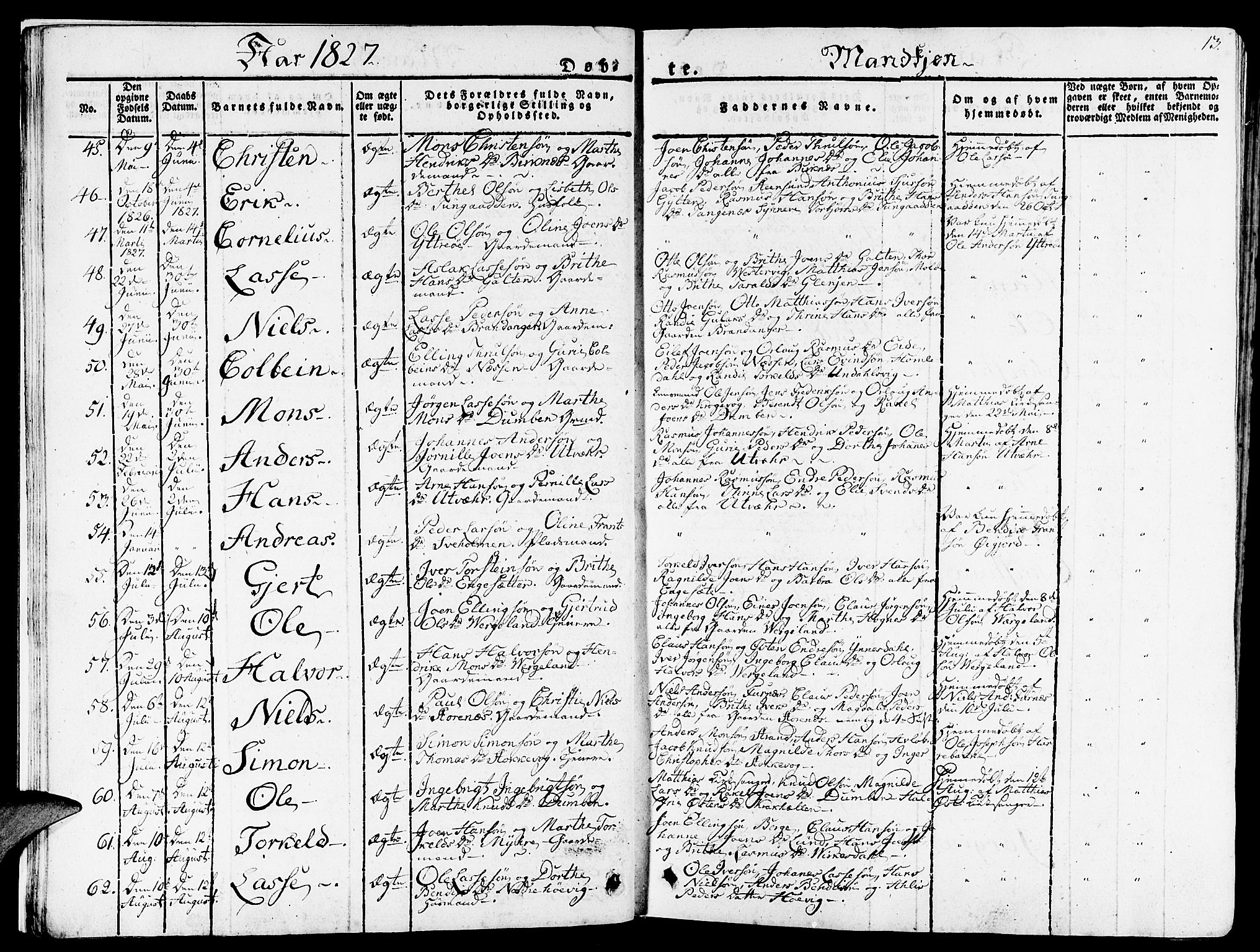 Gulen sokneprestembete, SAB/A-80201/H/Haa/Haaa/L0019: Parish register (official) no. A 19, 1826-1836, p. 13