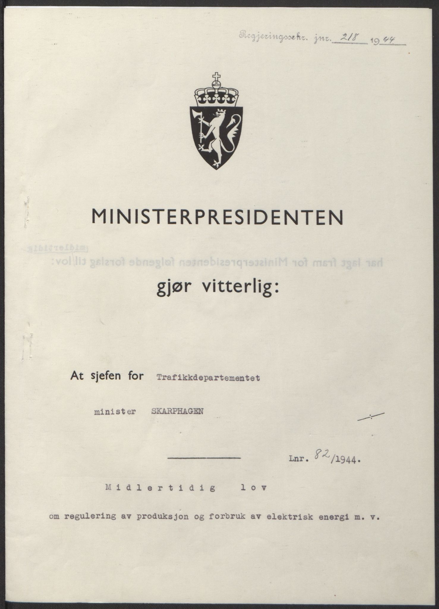 NS-administrasjonen 1940-1945 (Statsrådsekretariatet, de kommisariske statsråder mm), AV/RA-S-4279/D/Db/L0100: Lover, 1944, p. 384