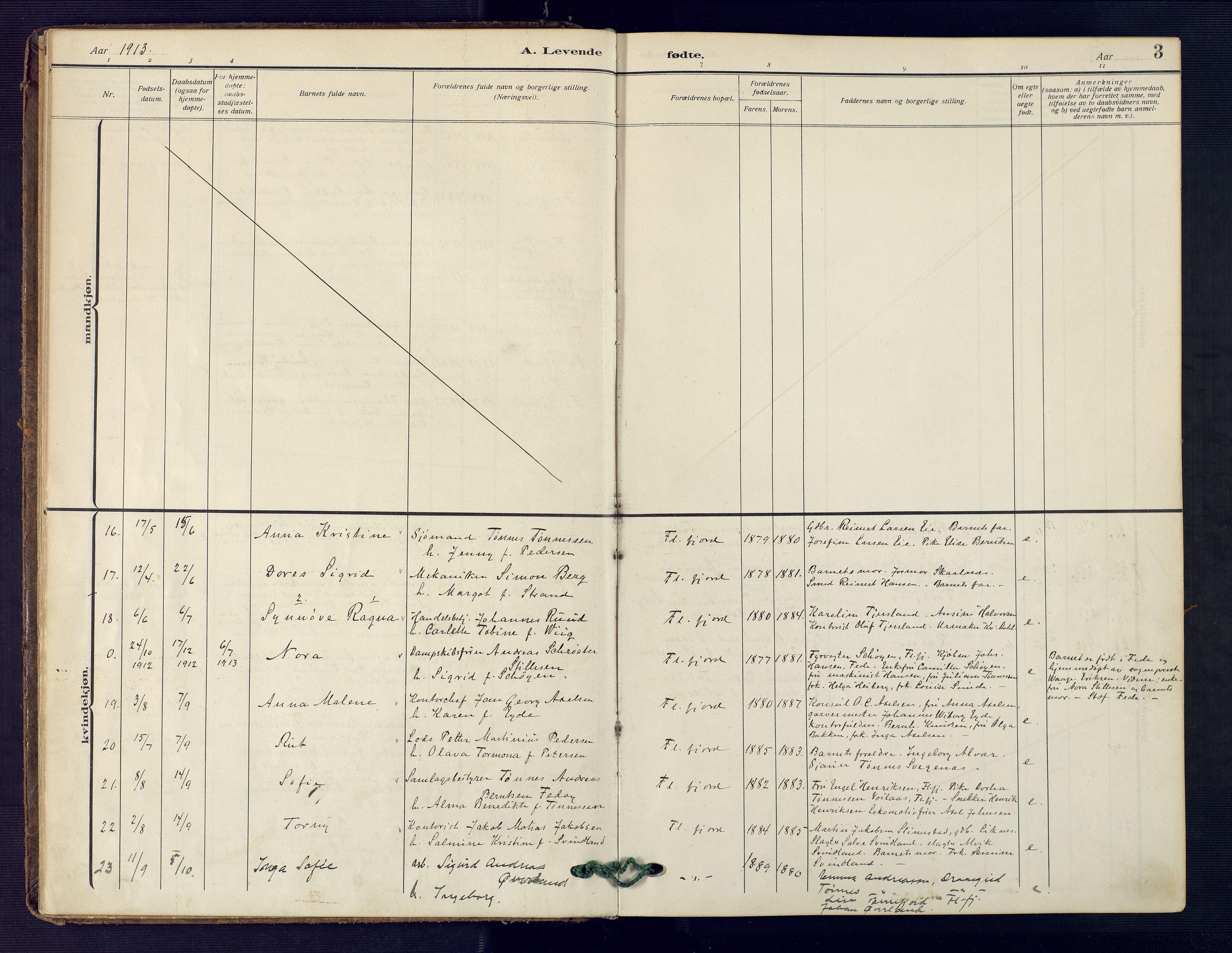 Flekkefjord sokneprestkontor, AV/SAK-1111-0012/F/Fa/Faa/L0003: Parish register (official) no. A 3, 1913-1928, p. 3