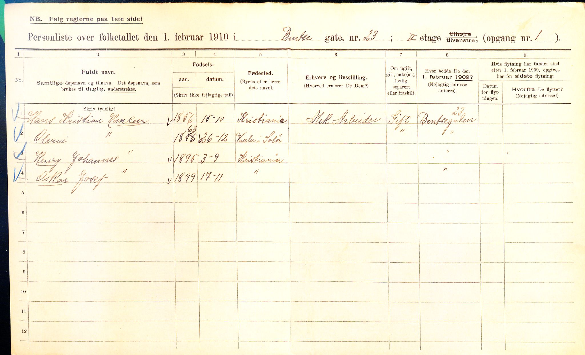 OBA, Municipal Census 1910 for Kristiania, 1910, p. 3541