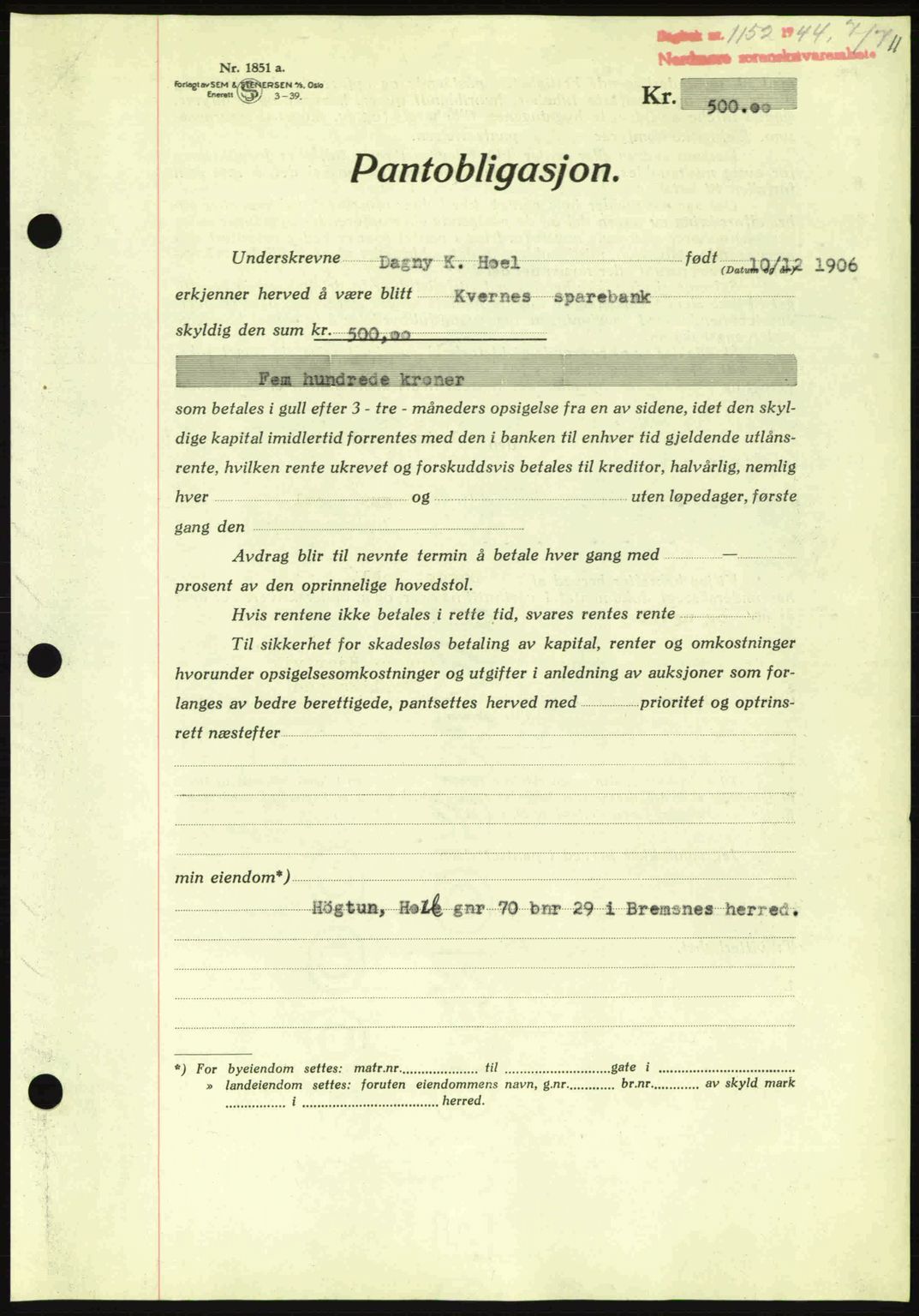 Nordmøre sorenskriveri, AV/SAT-A-4132/1/2/2Ca: Mortgage book no. B92, 1944-1945, Diary no: : 1152/1944