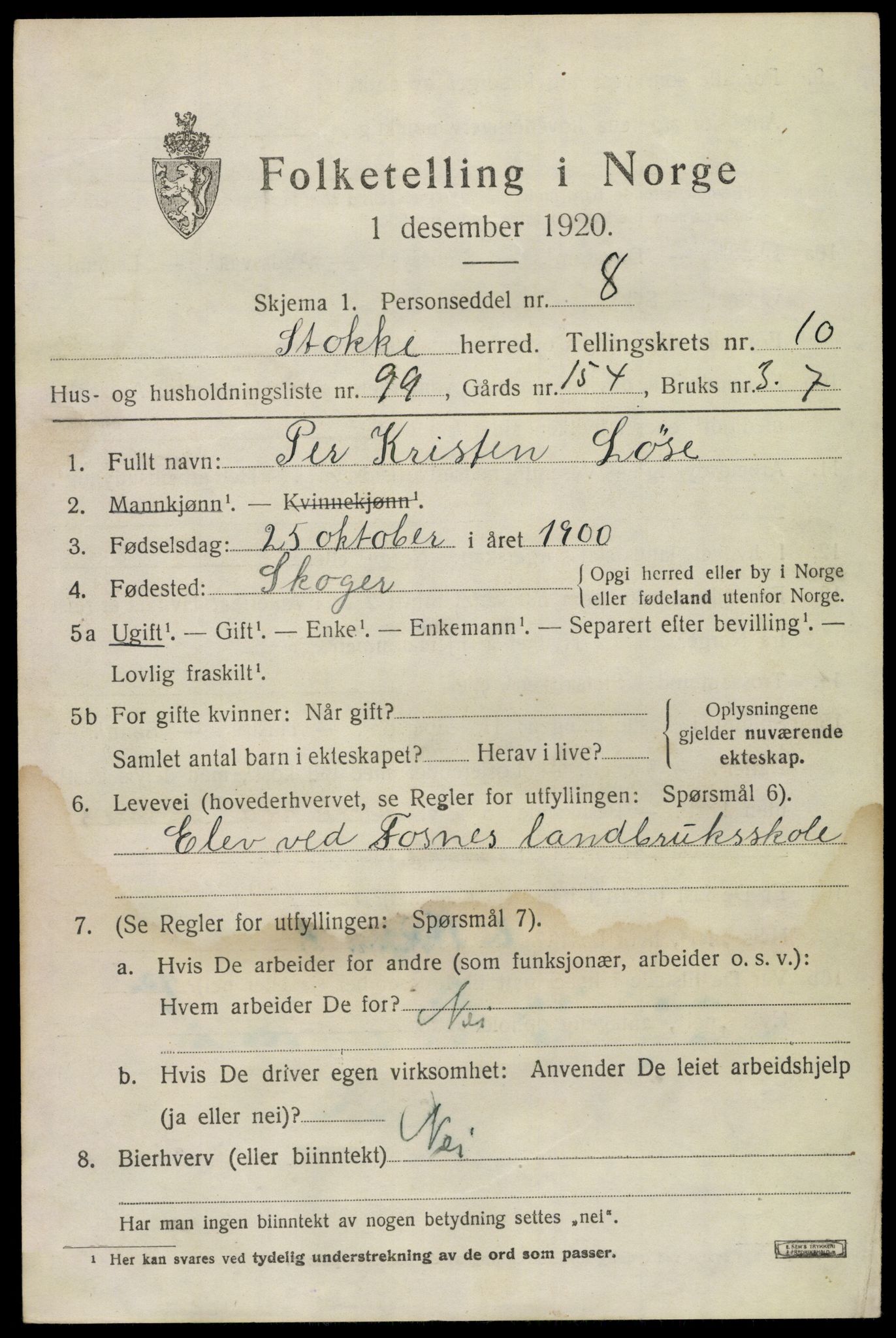 SAKO, 1920 census for Stokke, 1920, p. 12222