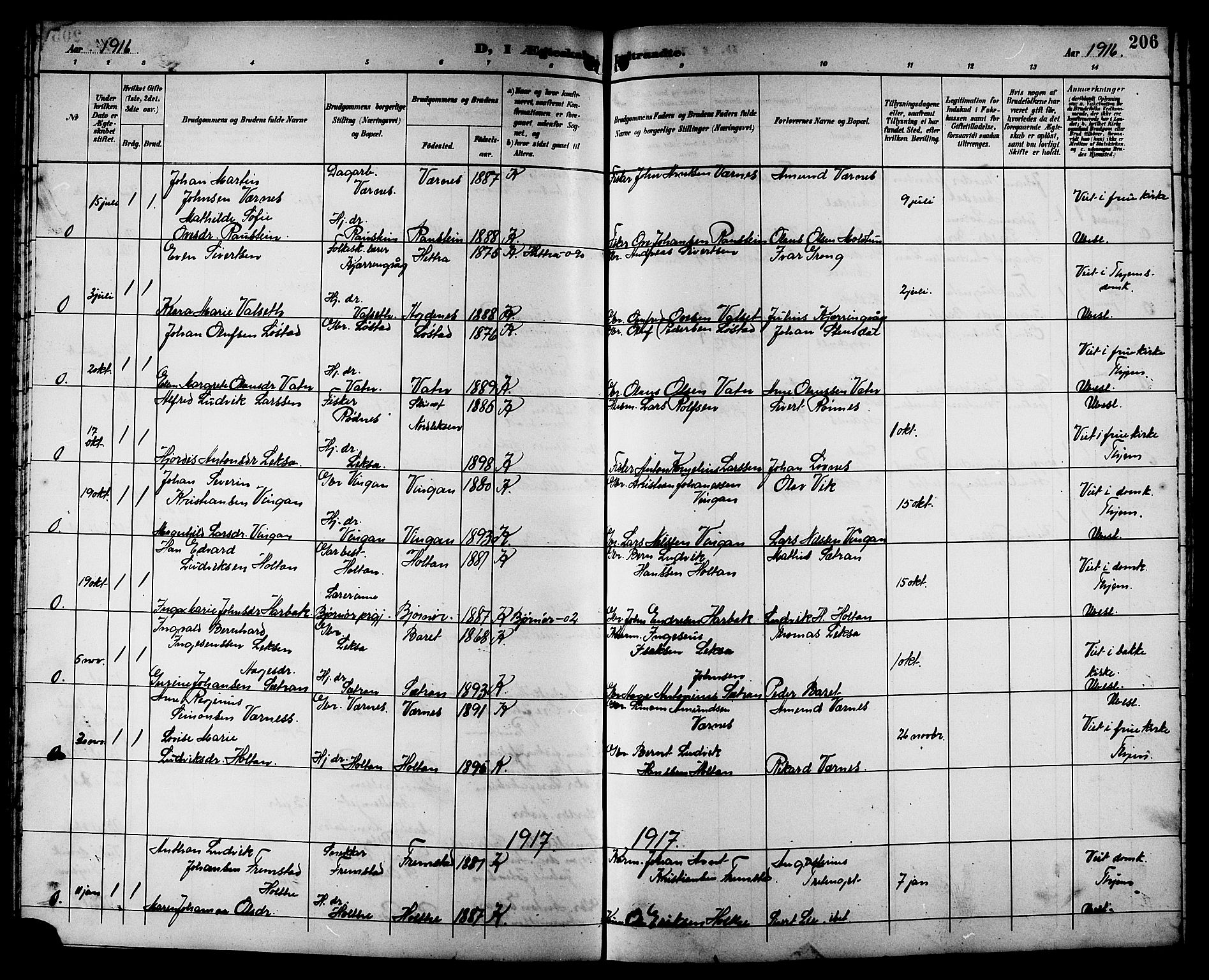 Ministerialprotokoller, klokkerbøker og fødselsregistre - Sør-Trøndelag, SAT/A-1456/662/L0757: Parish register (copy) no. 662C02, 1892-1918, p. 206