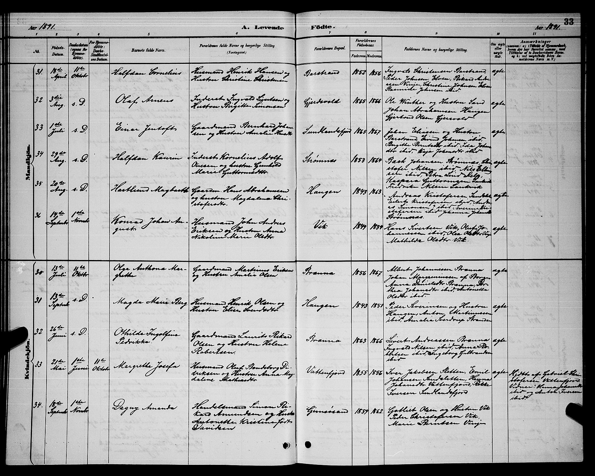 Ministerialprotokoller, klokkerbøker og fødselsregistre - Nordland, AV/SAT-A-1459/876/L1104: Parish register (copy) no. 876C03, 1886-1896, p. 33