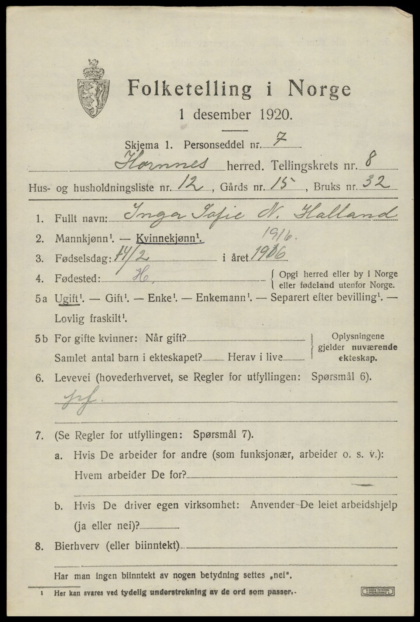 SAK, 1920 census for Hornnes, 1920, p. 2009